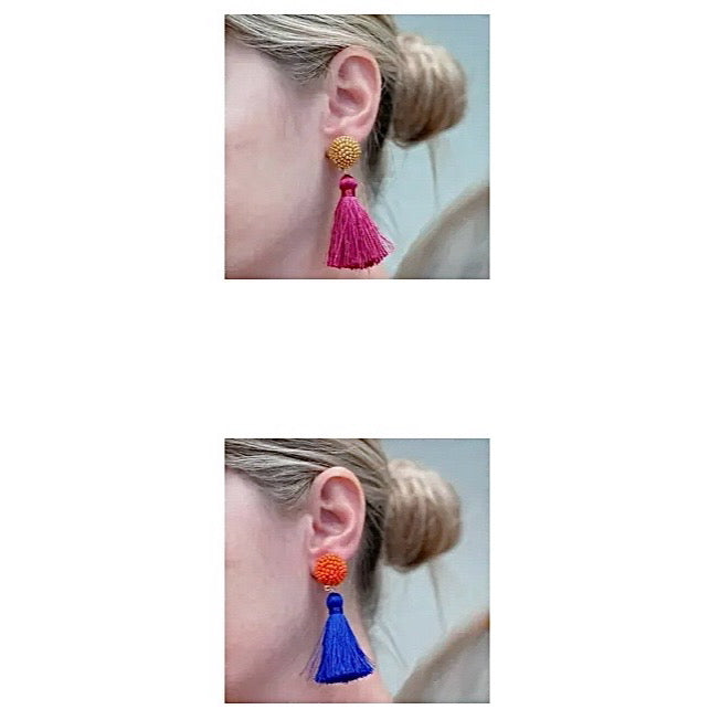 GAMEDAY SEEDBEAD BALL WITH TASSEL TWO TONE COLORED FOOTBALL EARRINGS BY P.O.