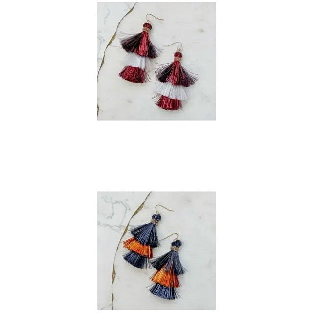 TASSEL TINSEL TIERED FOOTBALL GAMEDAY COLORED EARRINGS BY P.O.
