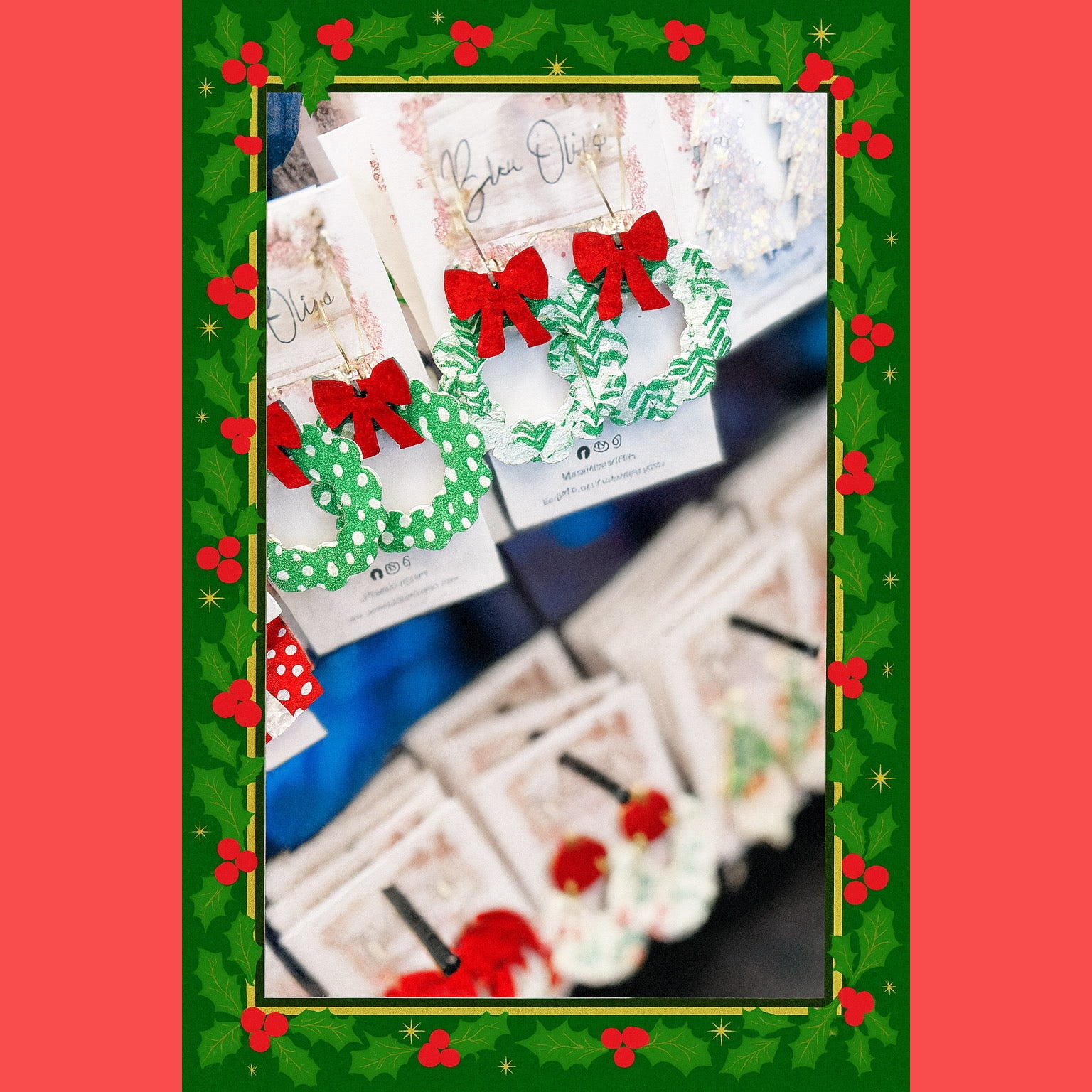 WREATH WITH RED METALLIC BOWS FOR CHRISTMAS HANDMADE EARRINGS BY B.O.D
