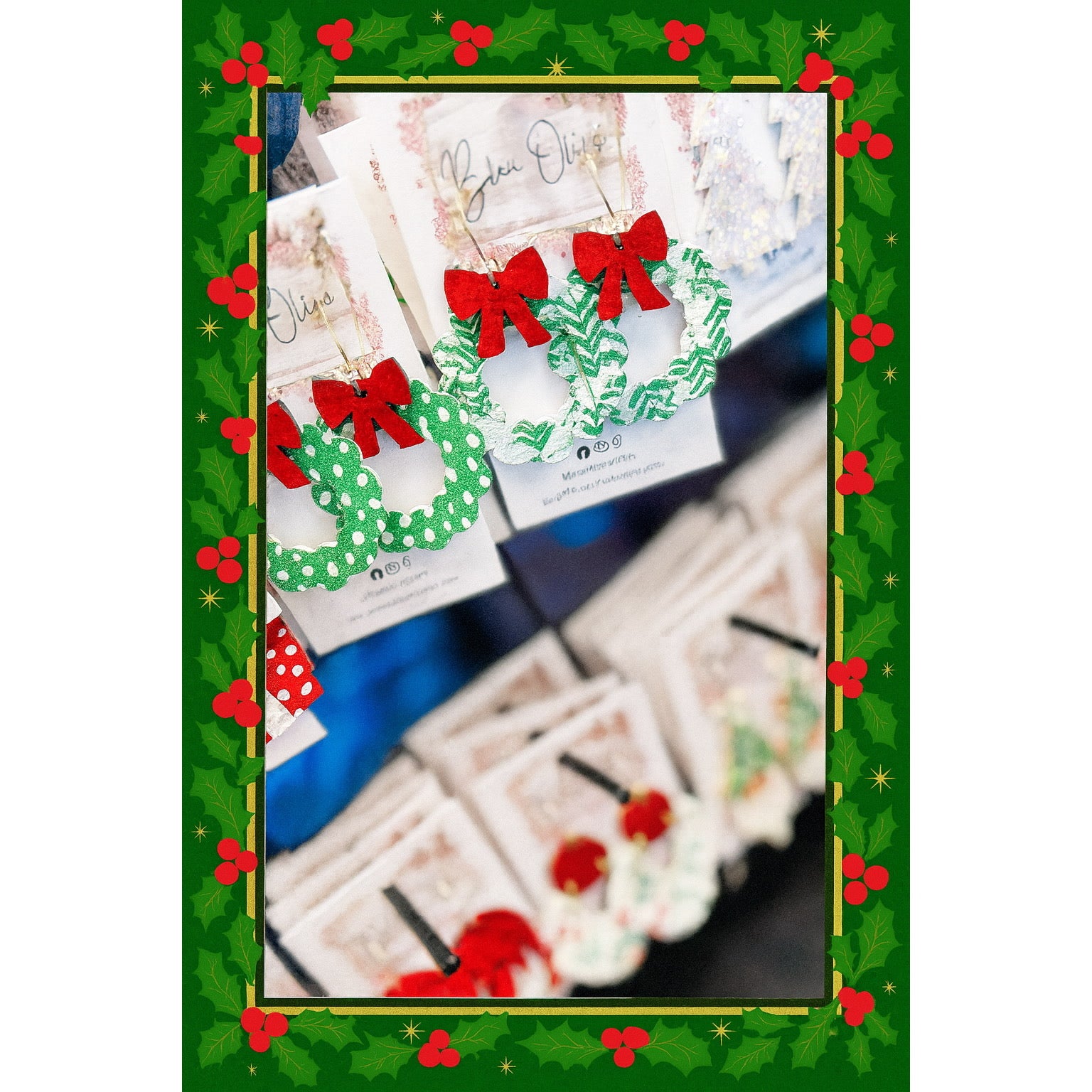 WREATH WITH RED METALLIC BOWS FOR CHRISTMAS HANDMADE EARRINGS BY B.O.D