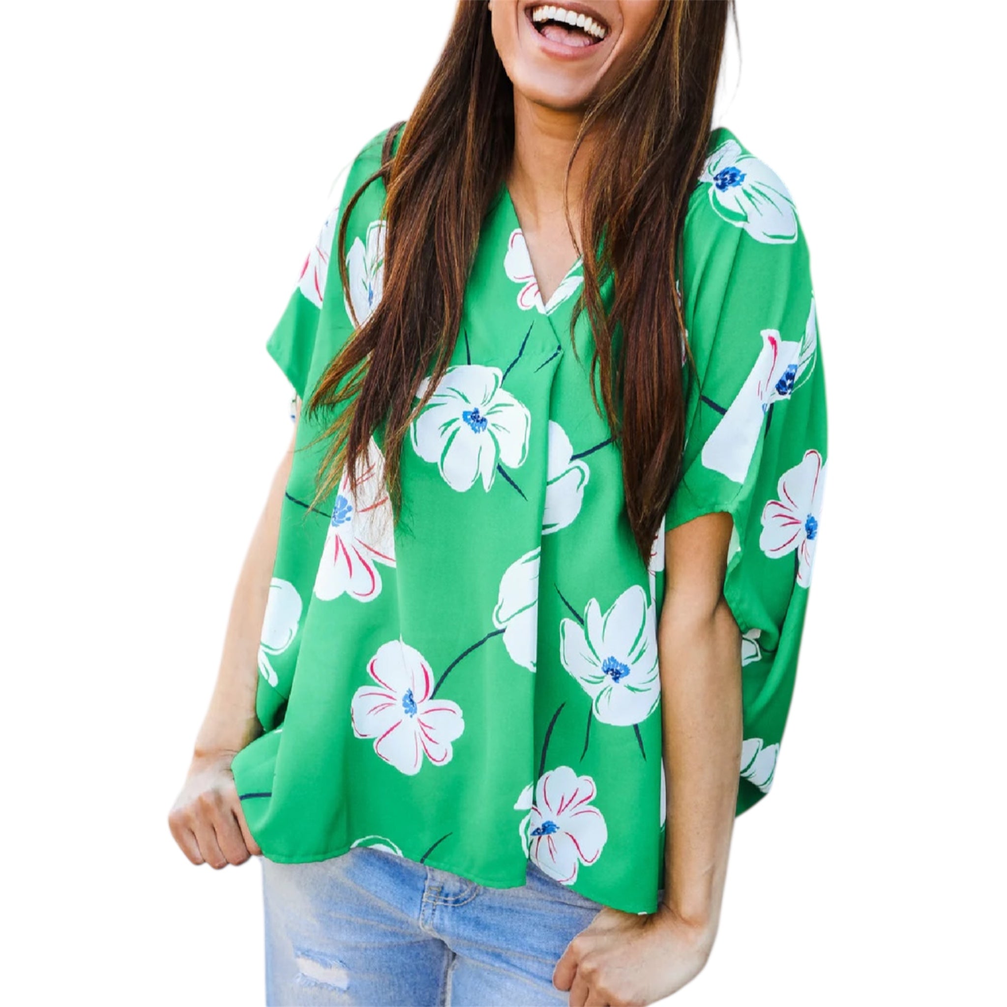 GREEN FLORAL WOVEN VNECK DOLMAN TOP- SALE
