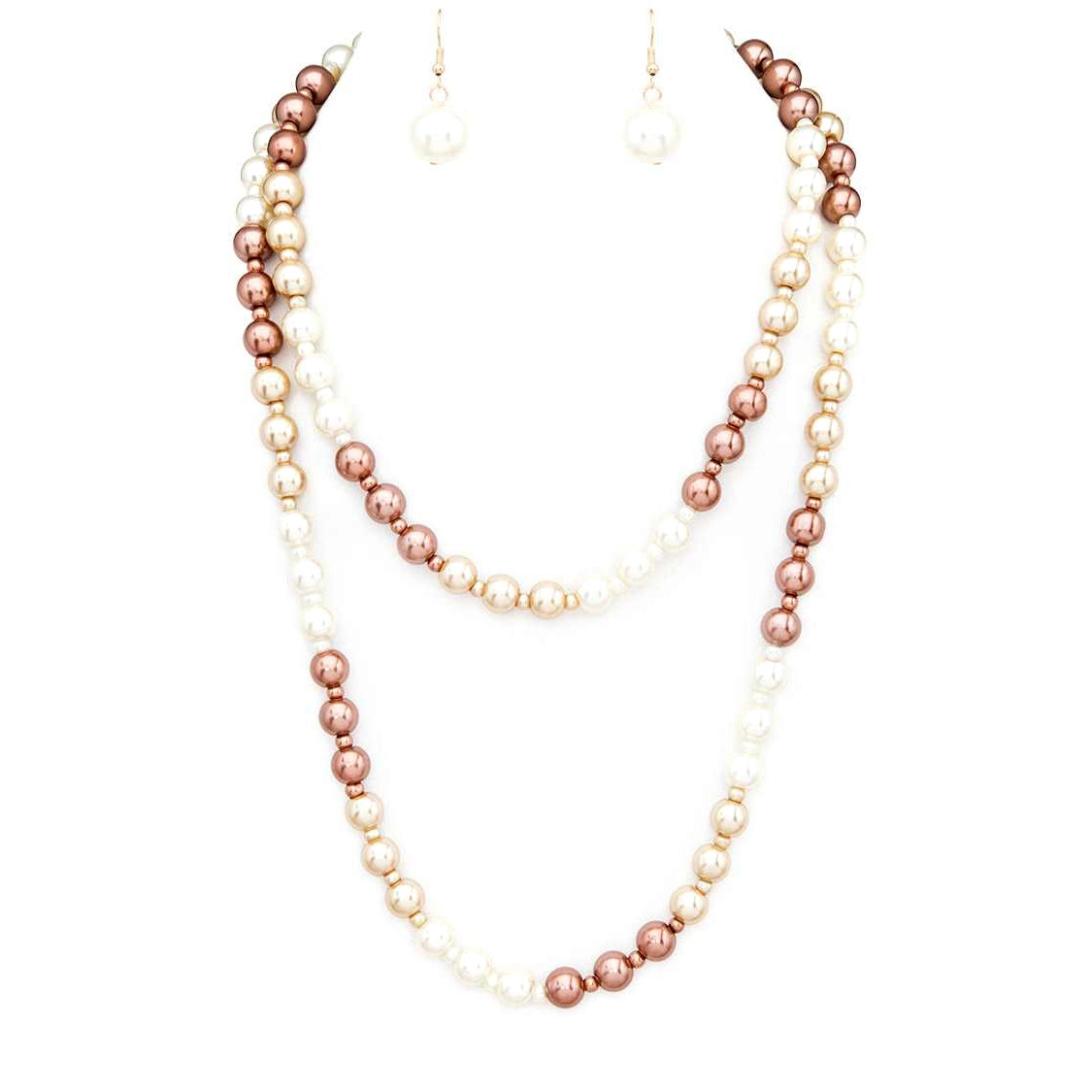 GLASS PEARL CONVERTIBLE NECKLACE BROWN/WHITE PEARLS