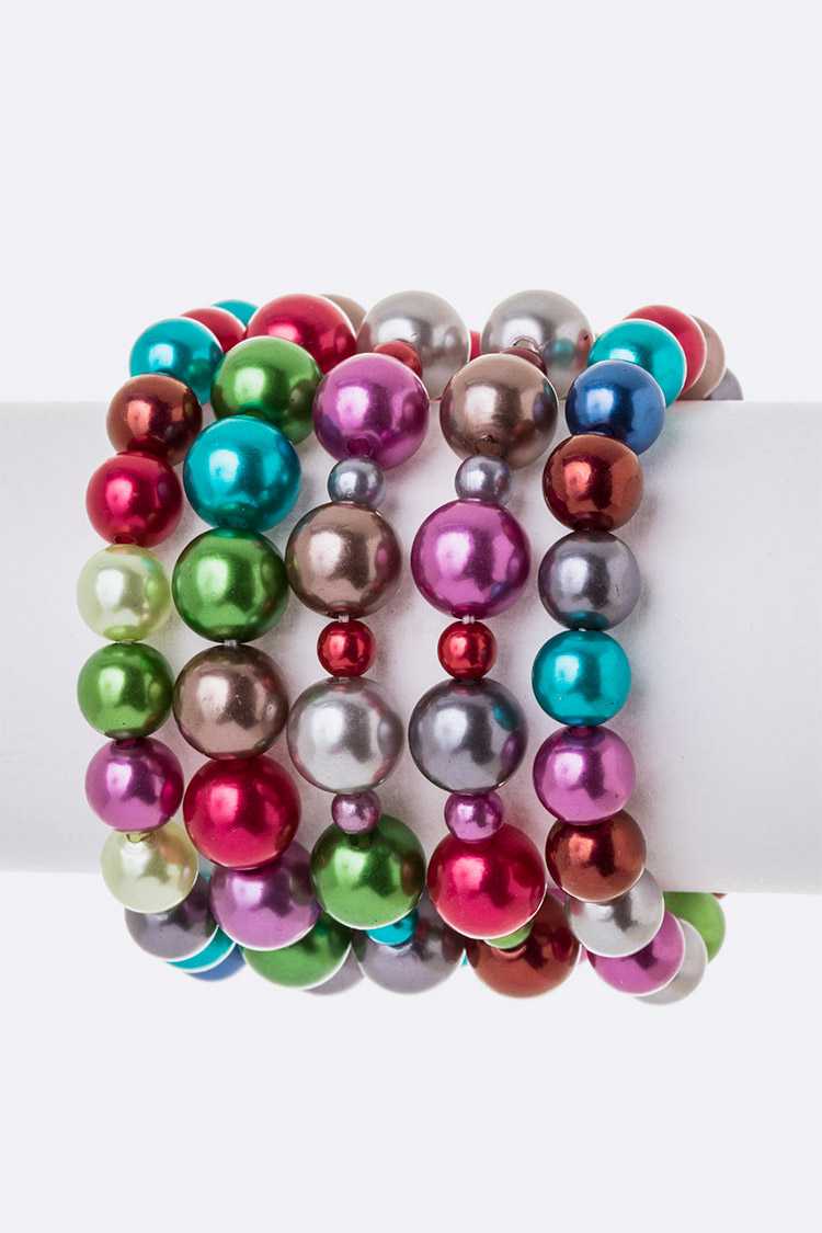 DARK MULTI COLORED RED GREEN PINK BLUE SILVER CREAM 5 STRAND 10MM PEARL STRETCH BRACELET SET - PERFECT FOR CHRISTMAS!