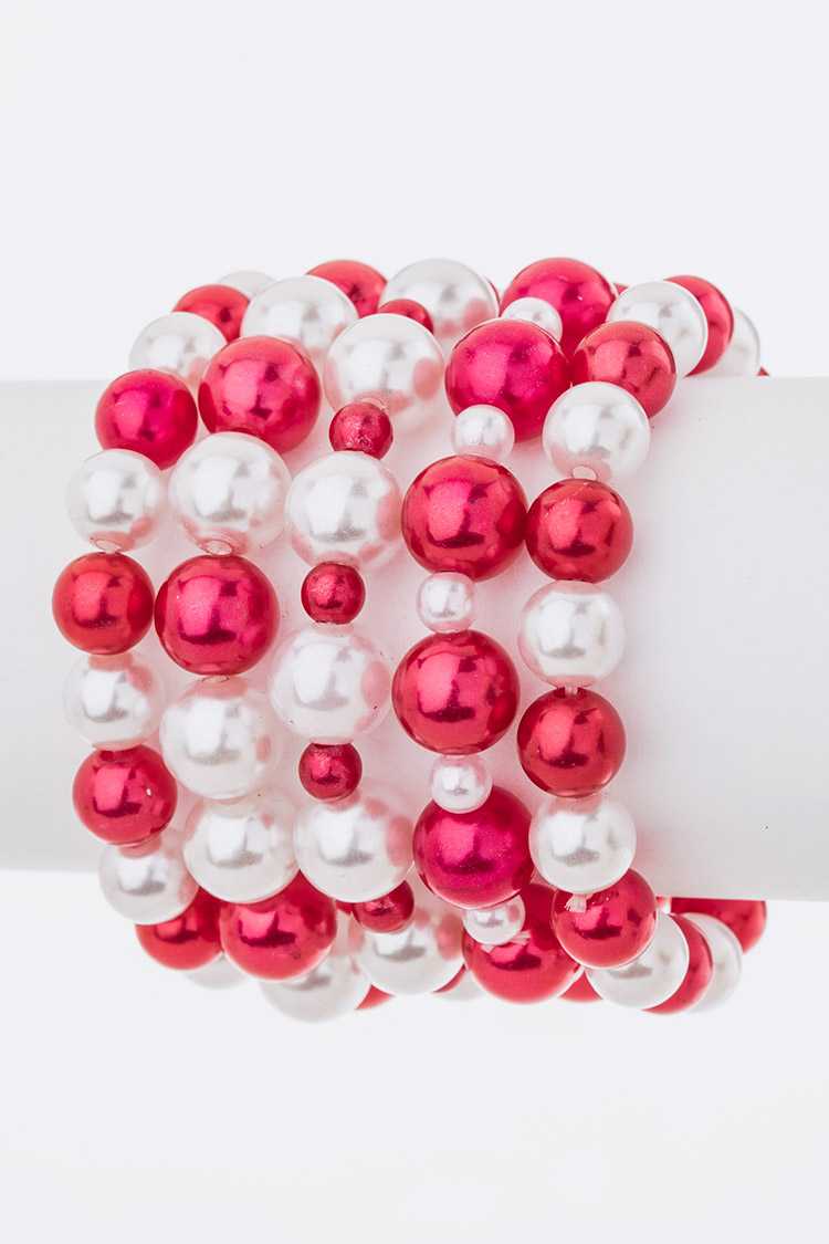 RED WHITE 5 STRAND 10MM PEARL STRETCH BRACELET SET