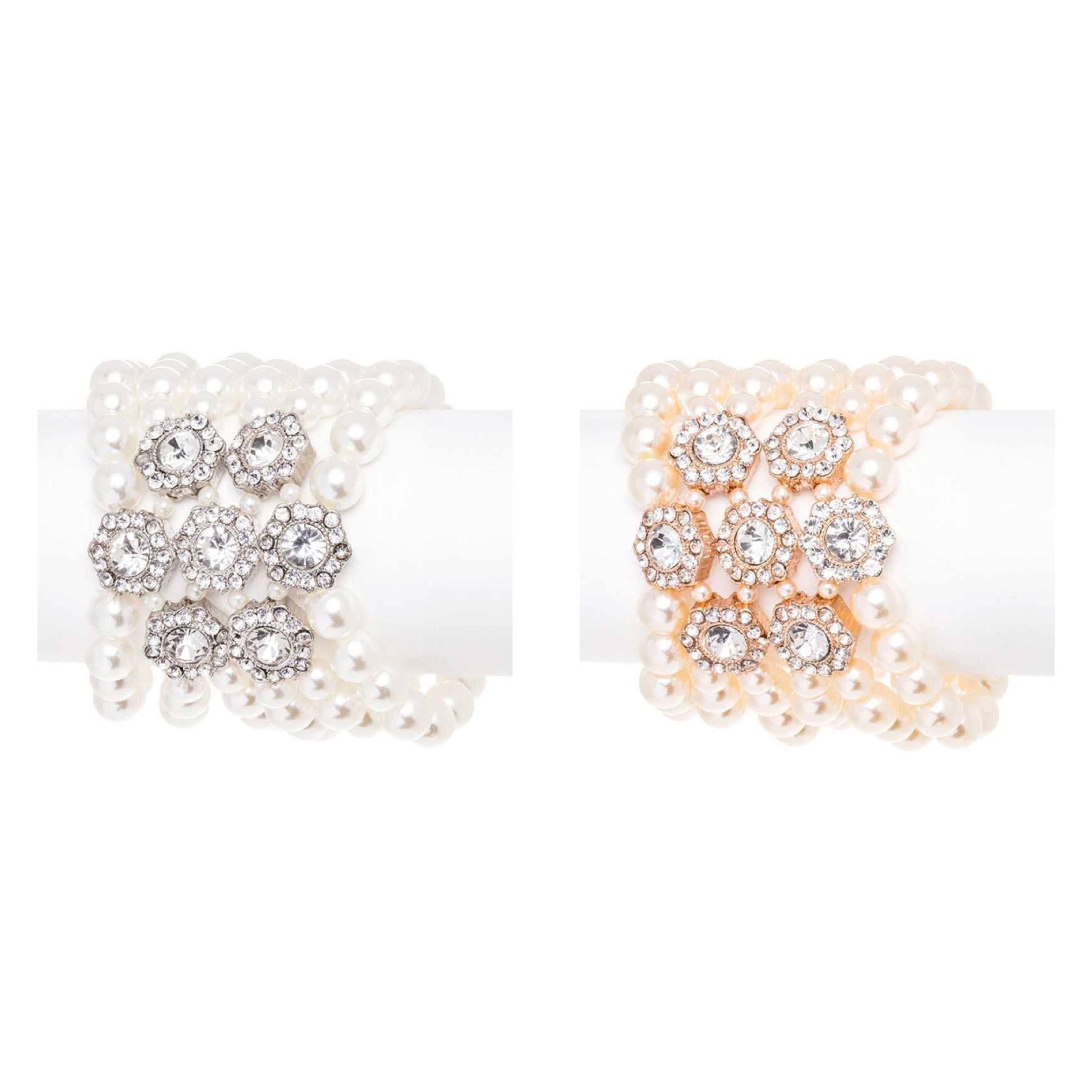 CRYSTAL FLOWER SHAPE CLUSTER OF RHINESTONES PEARL LAYERED STATEMENT COCKTAIL-FORMAL BRACELET