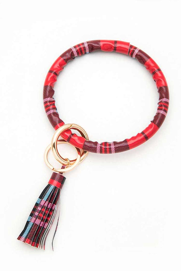 PLAID PRINTED TASSEL KEYCHAIN BANGLE BRACELET