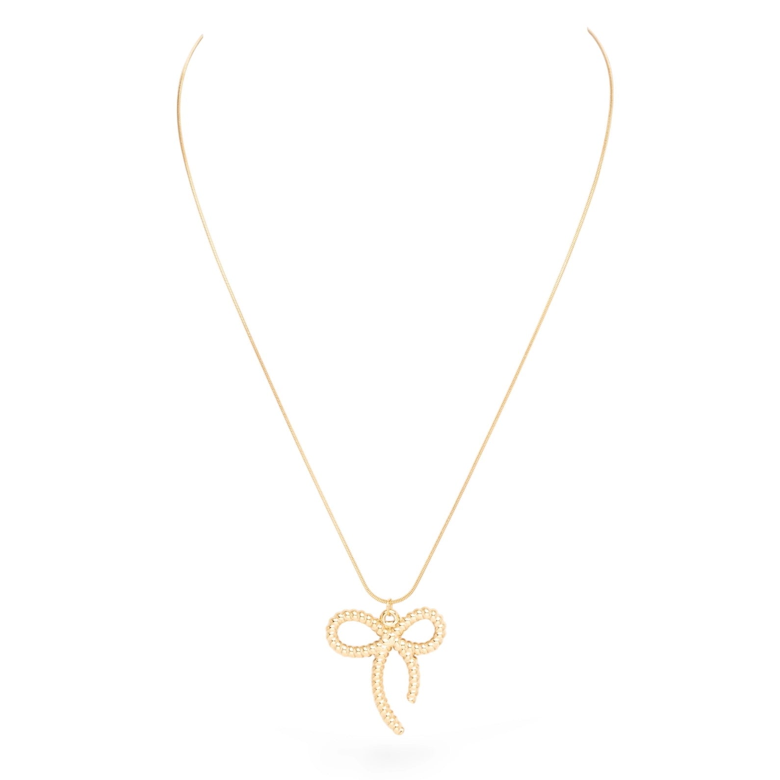 GOLD STAINLESS STEEL RIBBON BOW PENDANT NECKLACE