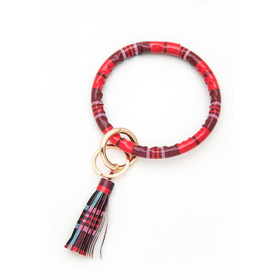 PLAID PRINTED TASSEL KEYCHAIN BANGLE BRACELET