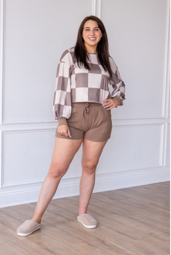 TOO FAB BROWN CHECKERED BUTTERY SOFT LOUNGEWEAR SET 2PC SHORTS & LONGSLEEVE PJS