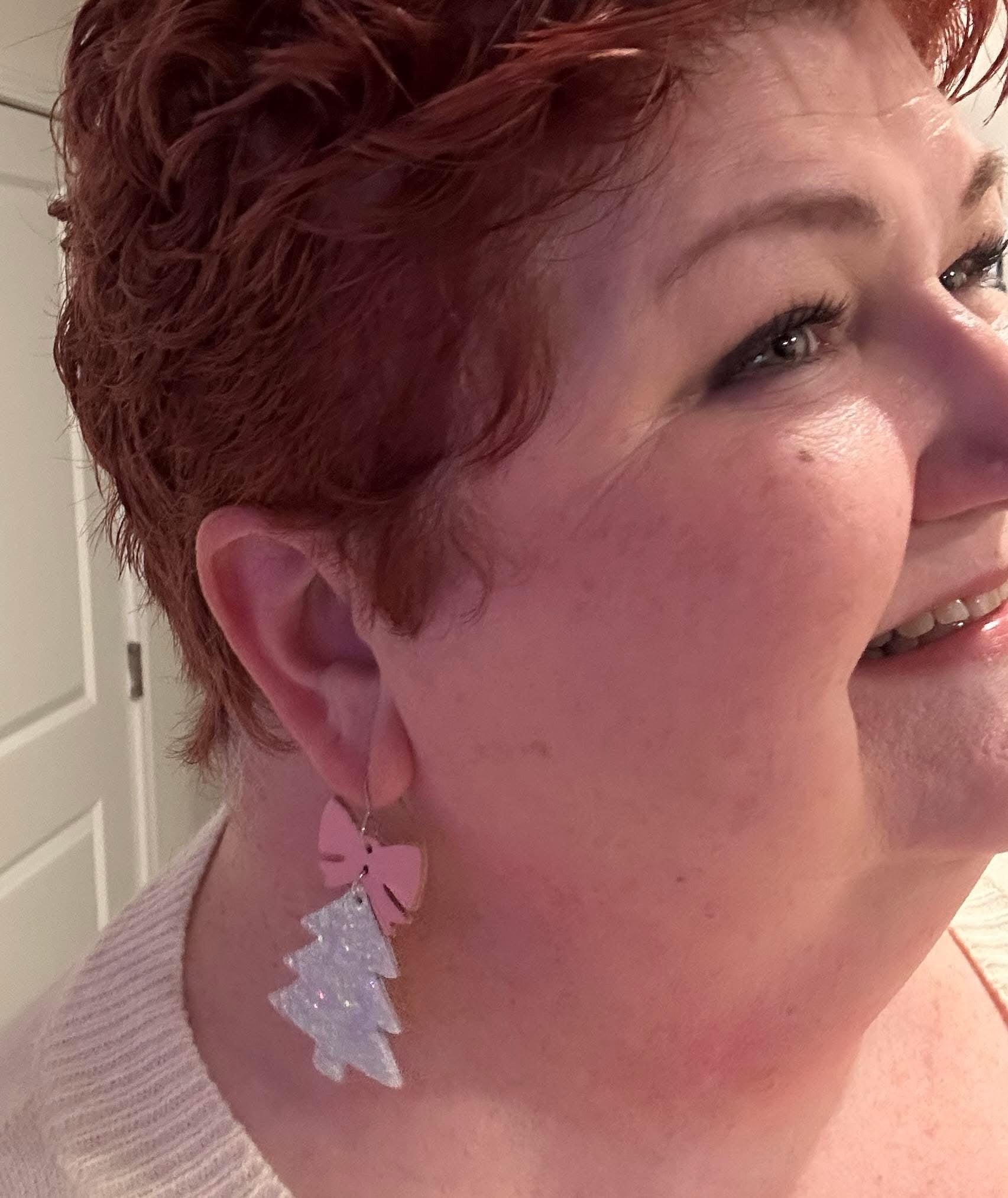 GLITZ & GLAM CHRISTMAS TREE BOW RIBBON TOPPER LIGHTWEIGHT LEATHER DANGLY HANDMADE EARRINGS BY B.O.D