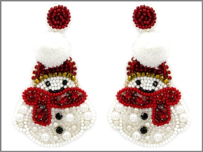 RED WHITE SEED BEAD SNOW MAN 2.75" EARRINGS