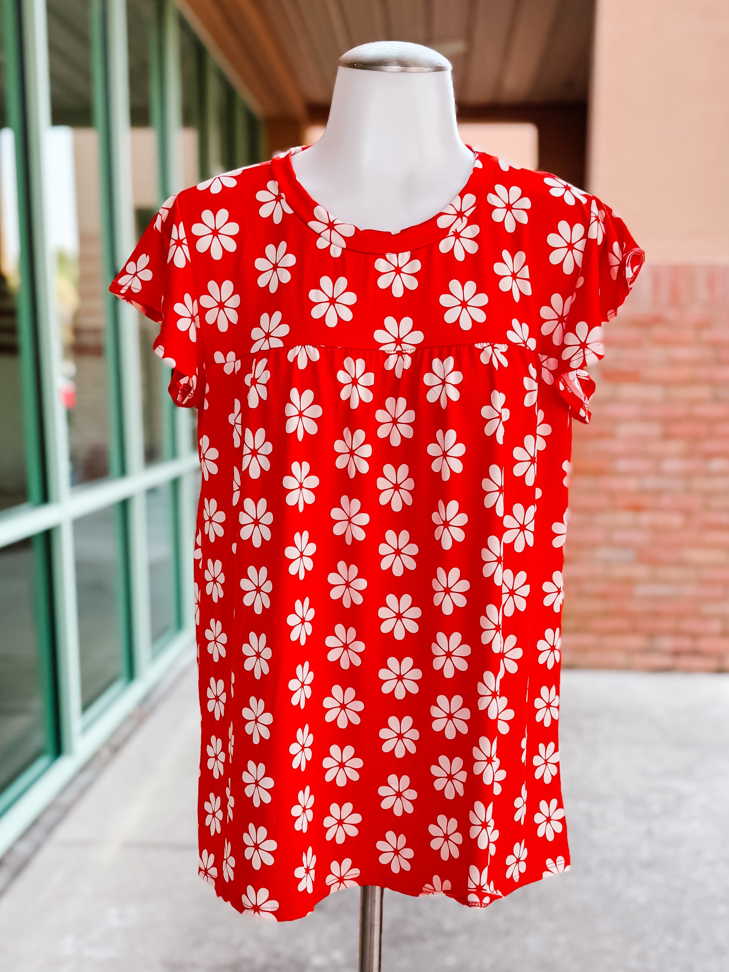 Red Floral Yoke Ruffle Top- PLUS- SALE- 3X AVAILABLE