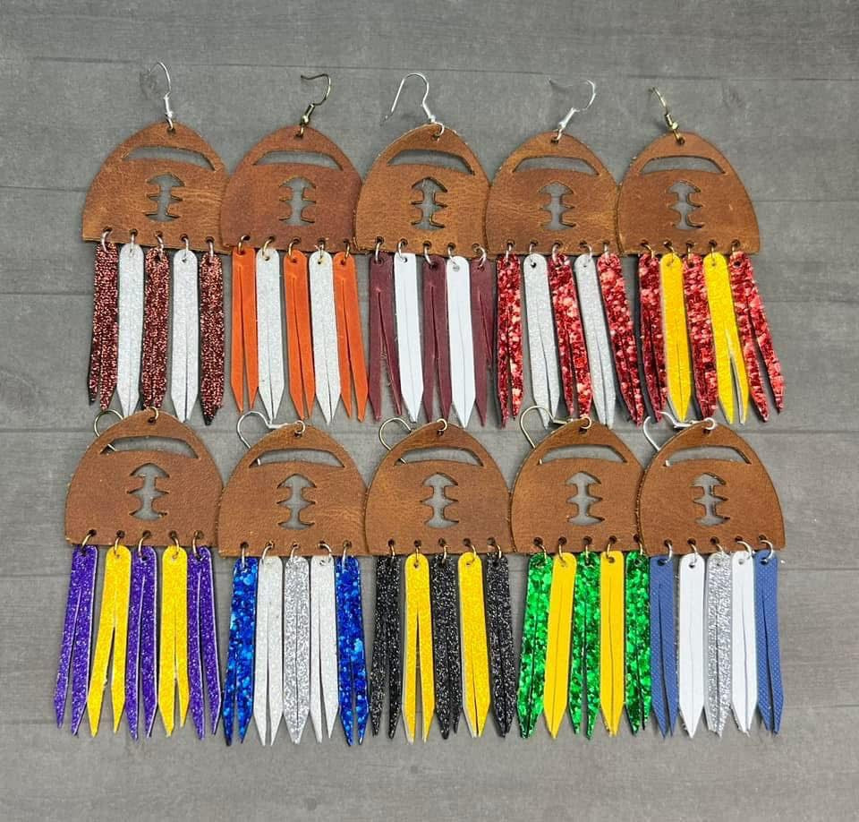 FOOTBALL TEAM SPIRIT FRINGE LEATHER EARRINGS HANDMADE EARRINGS BY B.O.D