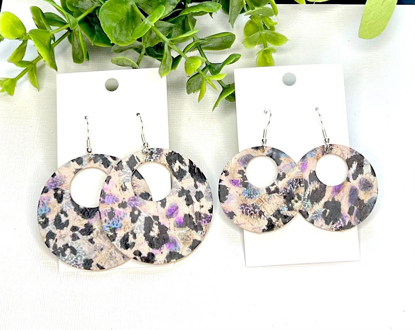 TAN PURPLE BLUE LEOPARD ROUND CIRCLE LEATHER HANDMADE EARRINGS BY B.O.D
