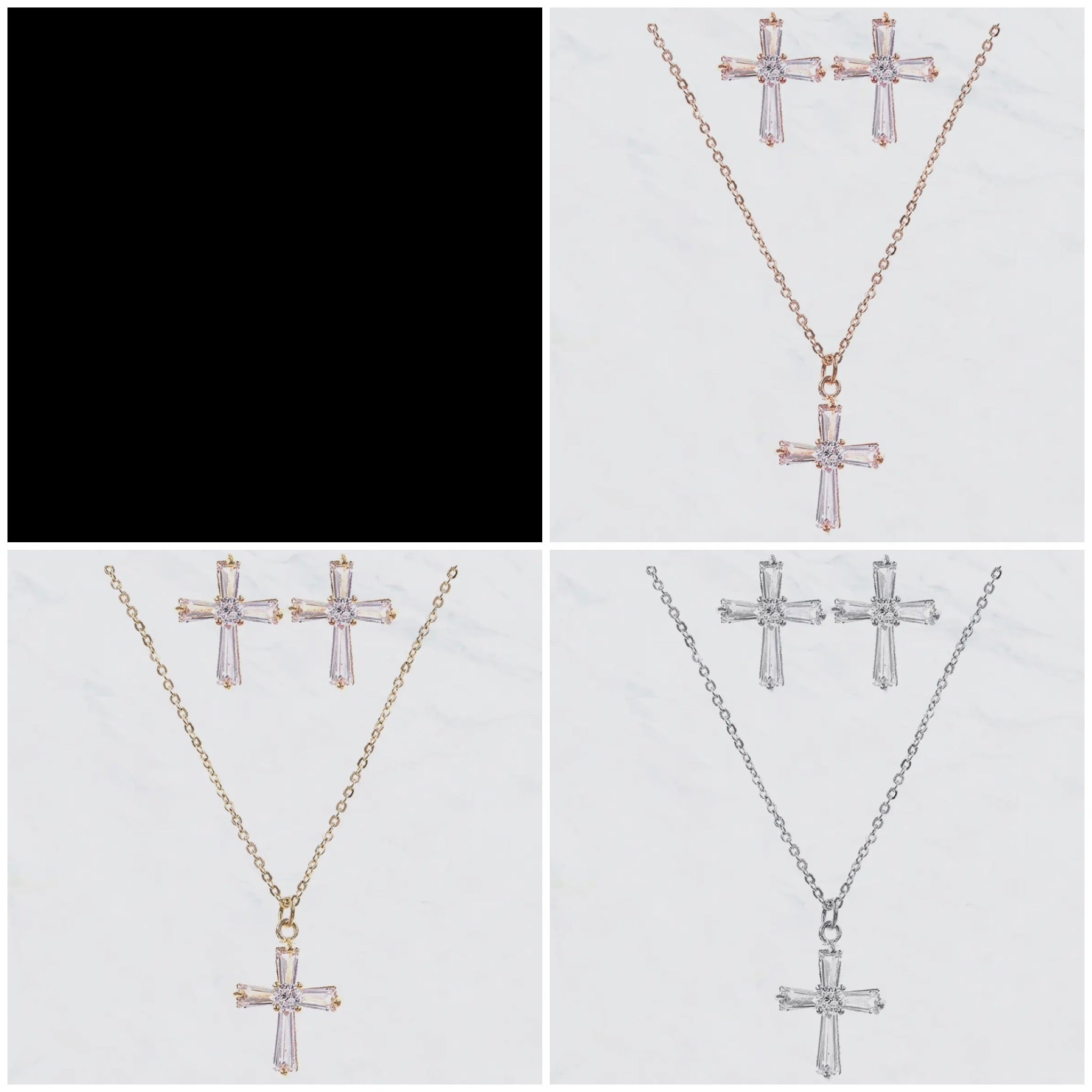 CUBIC ZIRCONIA RHINESTONE CROSS PENDANT NECKLACE & EARRING SET