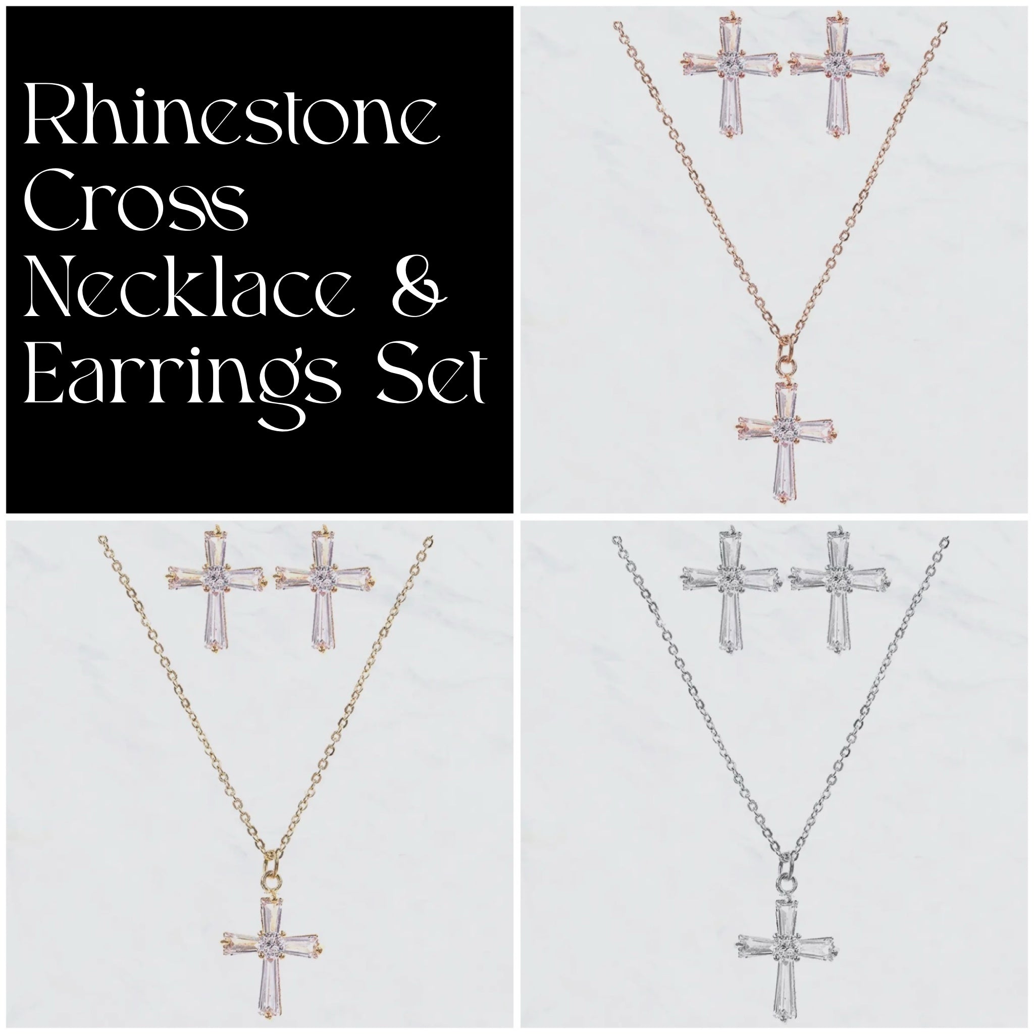 CUBIC ZIRCONIA RHINESTONE CROSS PENDANT NECKLACE & EARRING SET