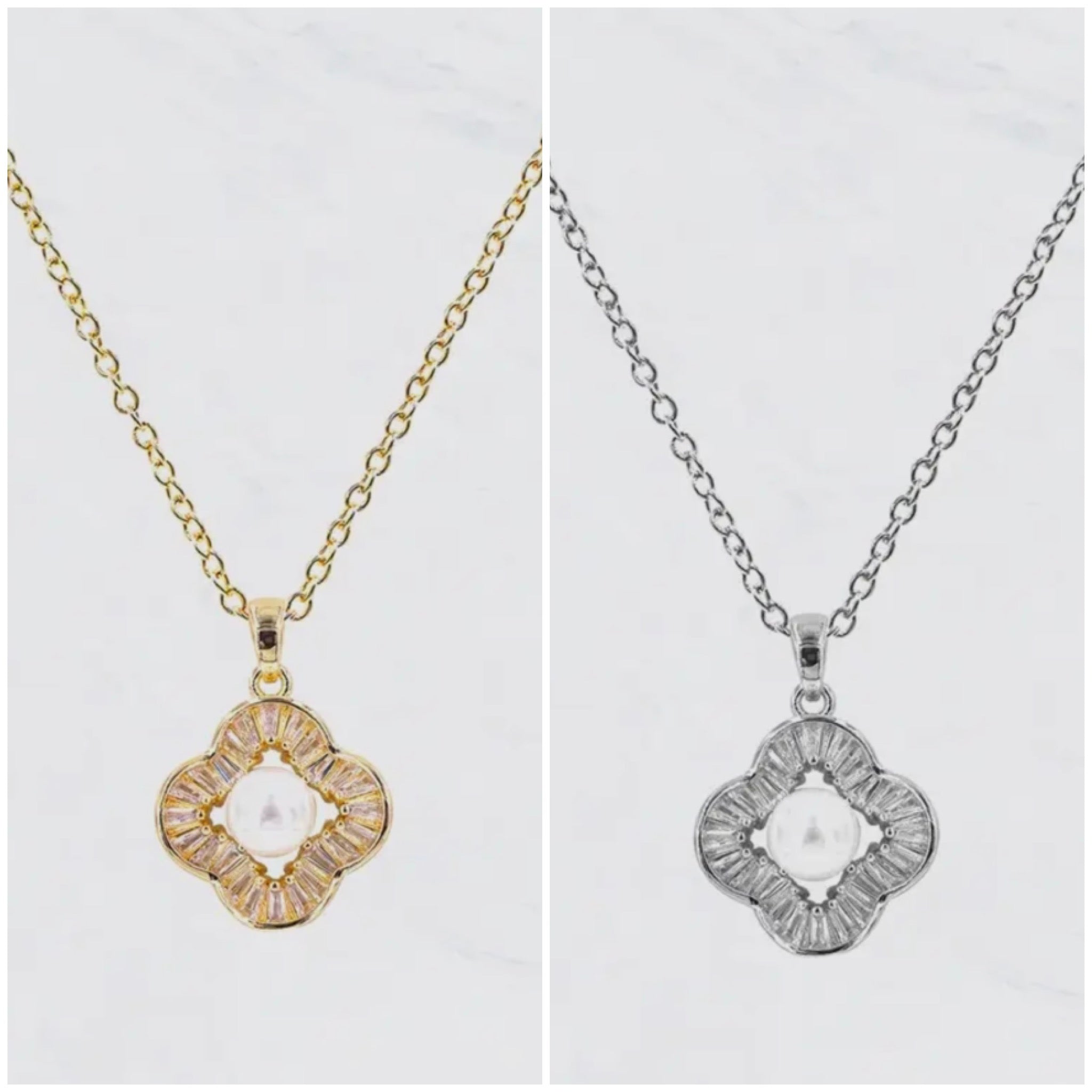 CLOVER SHAPE RHINESTONE BLING PEARL CENTER NECKLACE