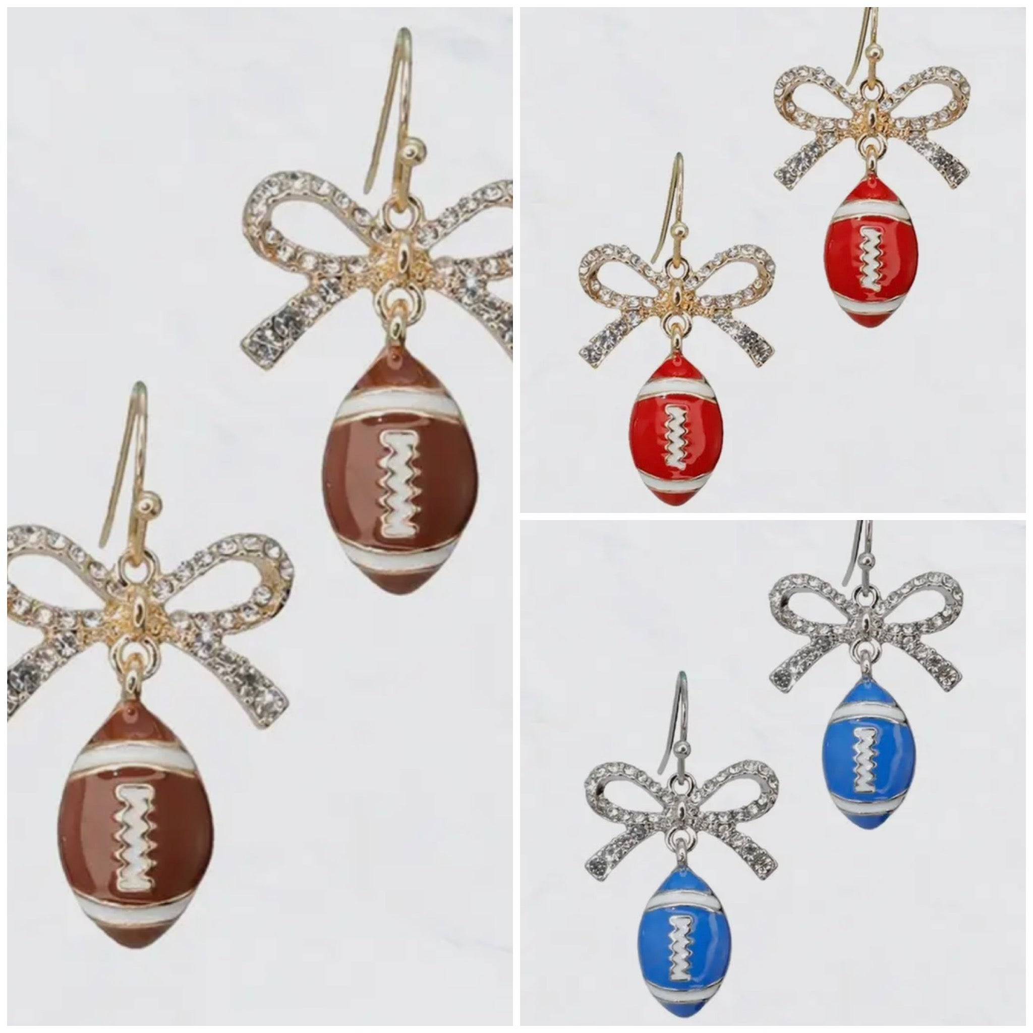DANGLE FOOTBALL RHINESTONE BOWS EARRINGS