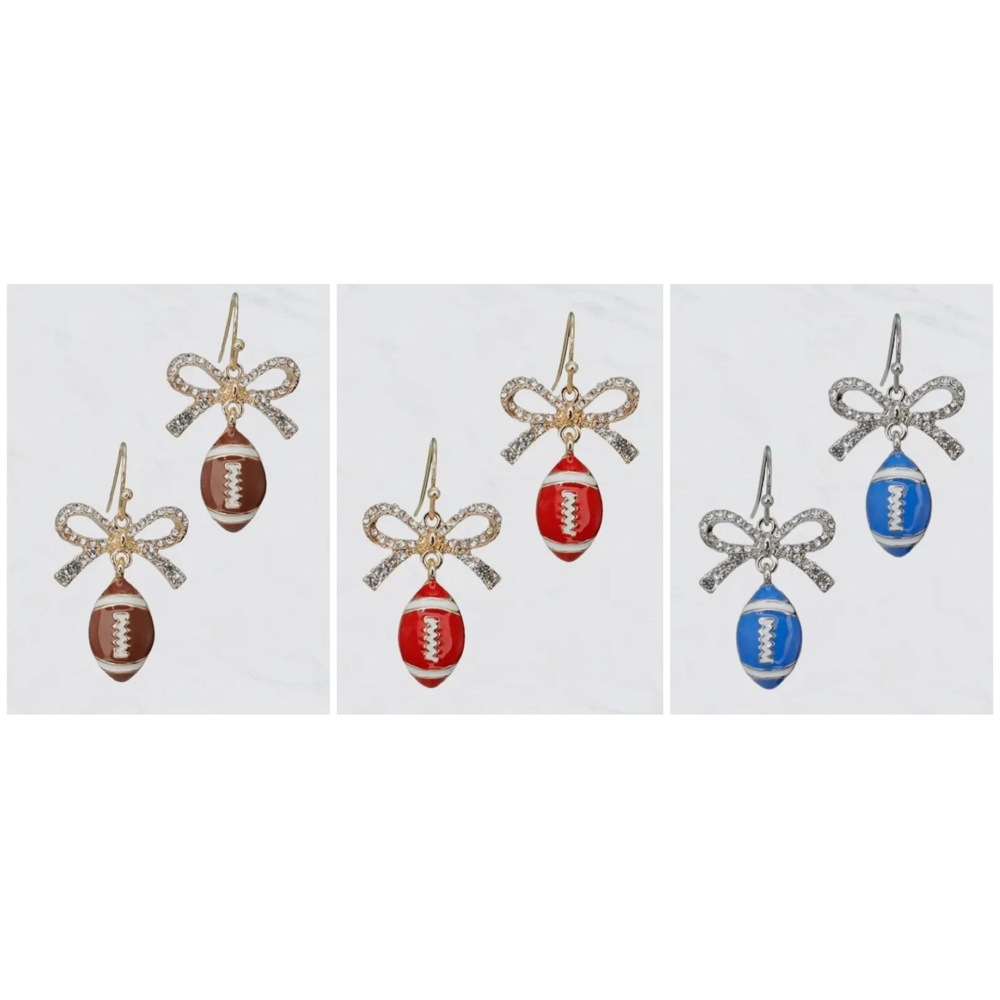 DANGLE FOOTBALL RHINESTONE BOWS EARRINGS