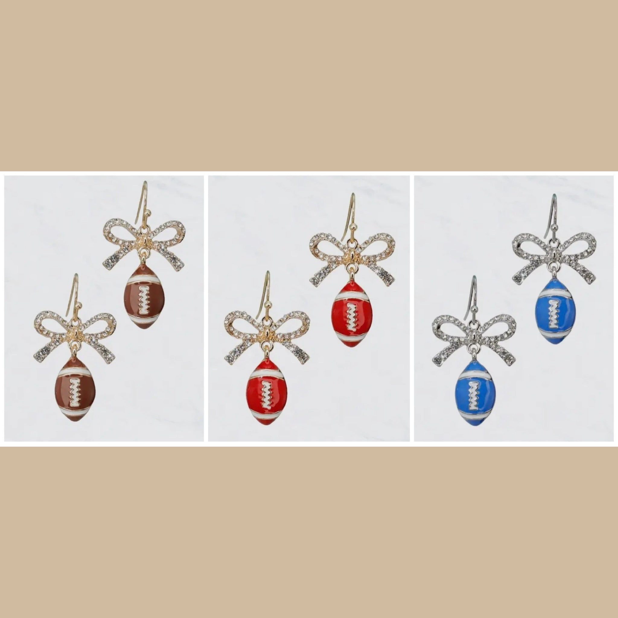 DANGLE FOOTBALL RHINESTONE BOWS EARRINGS