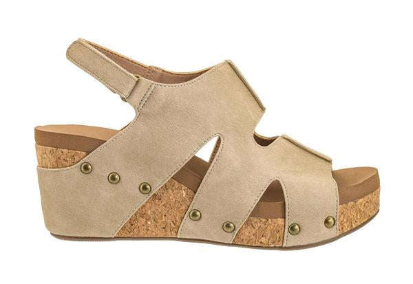 CUT IT OUT TAUPE CORKYS SANDAL WEDGES