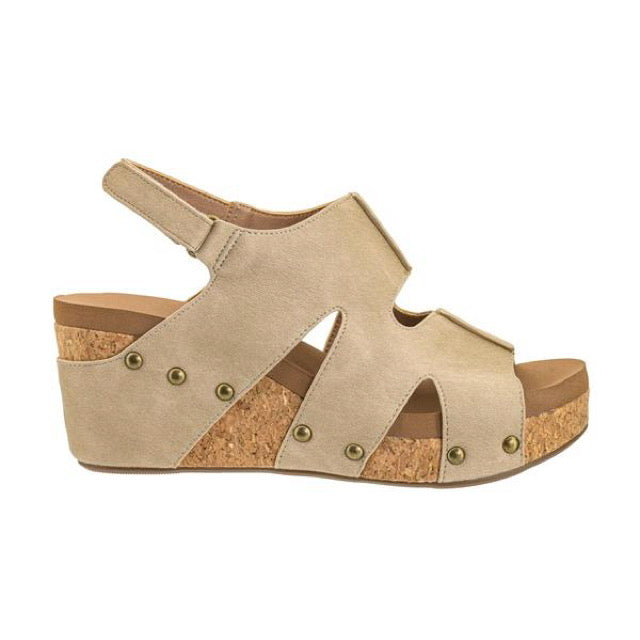 CUT IT OUT TAUPE CORKYS SANDAL WEDGES