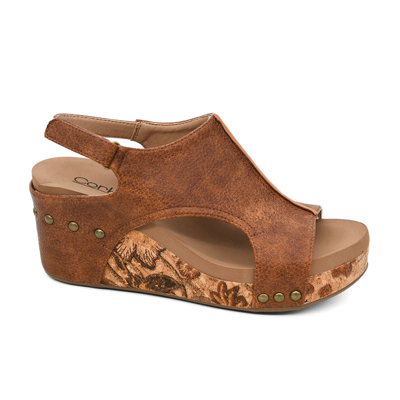 CARLEY COGNAC TUMBLED CORKYS SANDAL WEDGES
