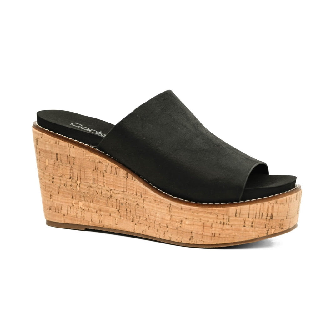 MUGSHOT BLACK OIL PU CORKYS SANDAL WEDGES