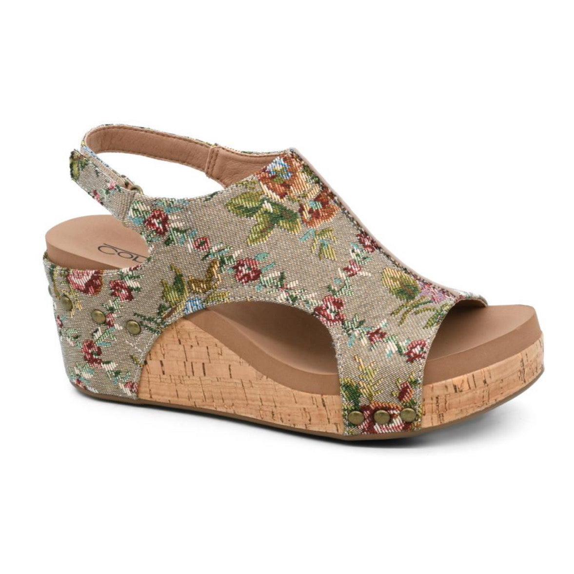 TAUPE BROCADE FLORAL CARLEY WEDGES CORKYS SANDAL