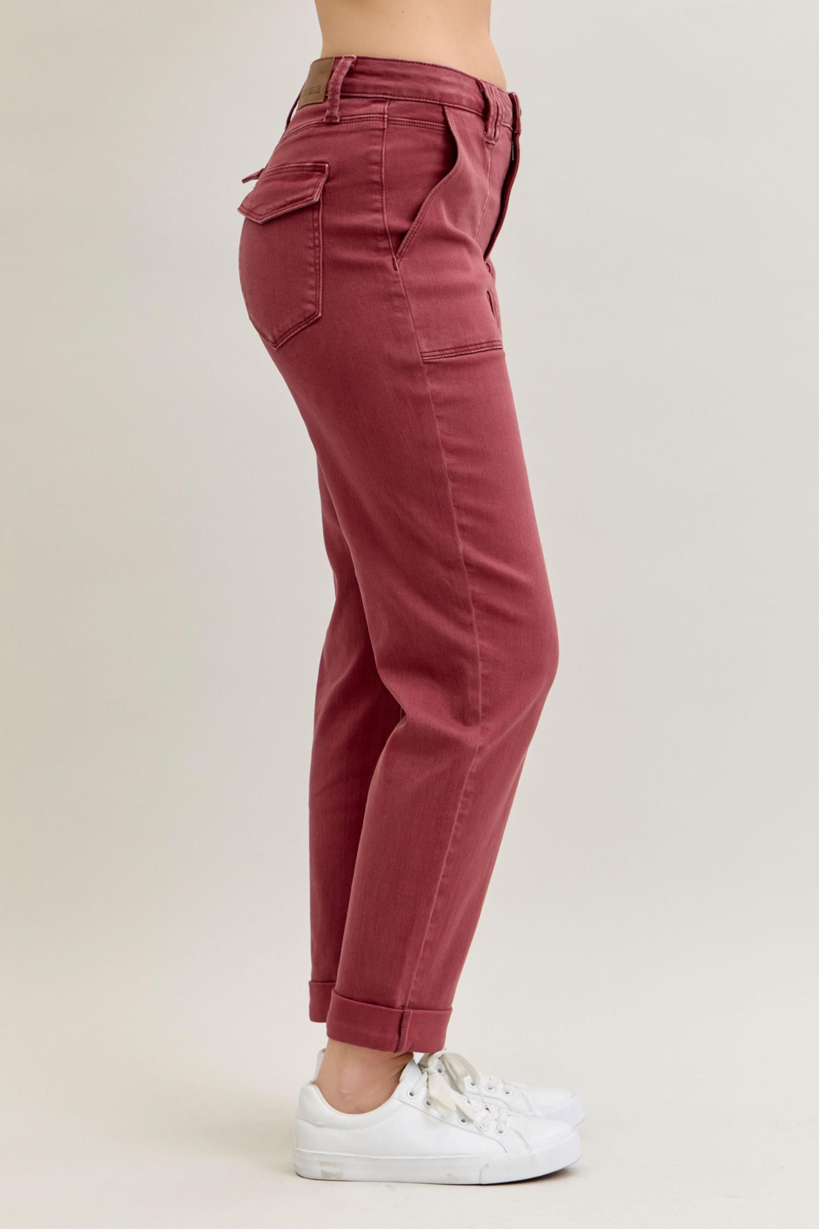 BURGUNDY AURORA WEEKENDER GARMENT DYED CUFFED HIGH WAISTED JUDY BLUE DENIM-PLUS