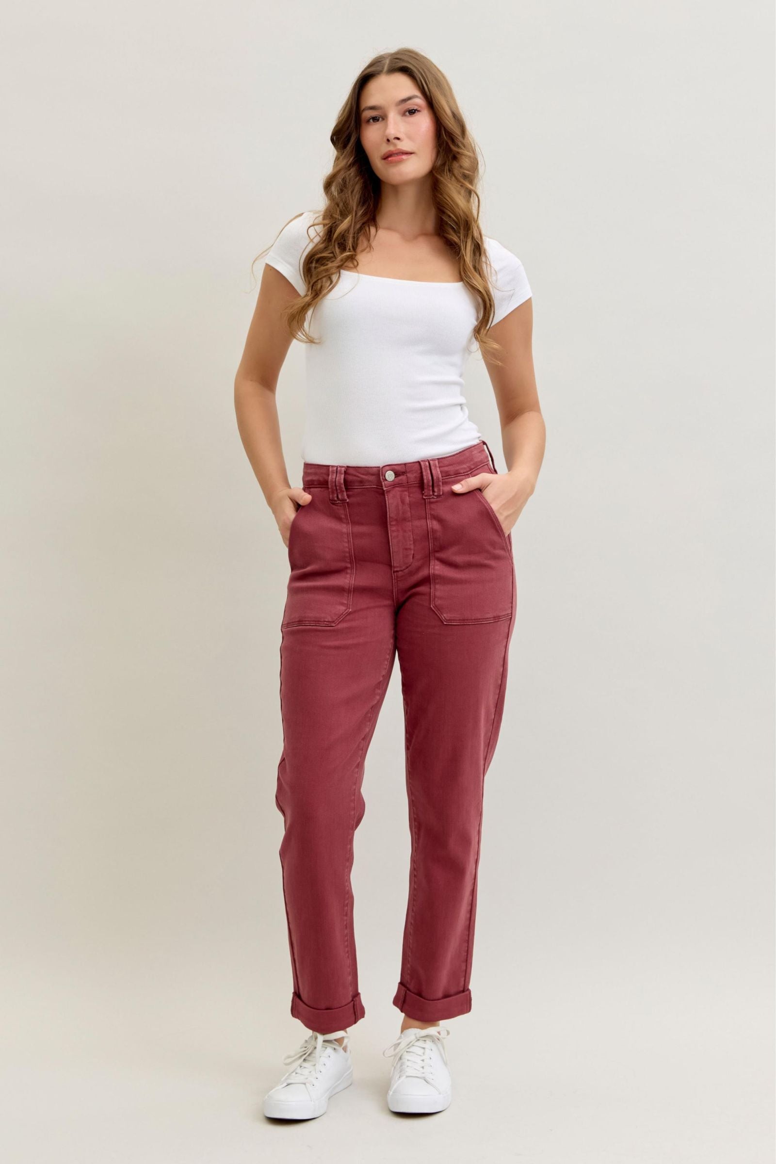BURGUNDY AURORA WEEKENDER GARMENT DYED CUFFED HIGH WAISTED JUDY BLUE DENIM-PLUS
