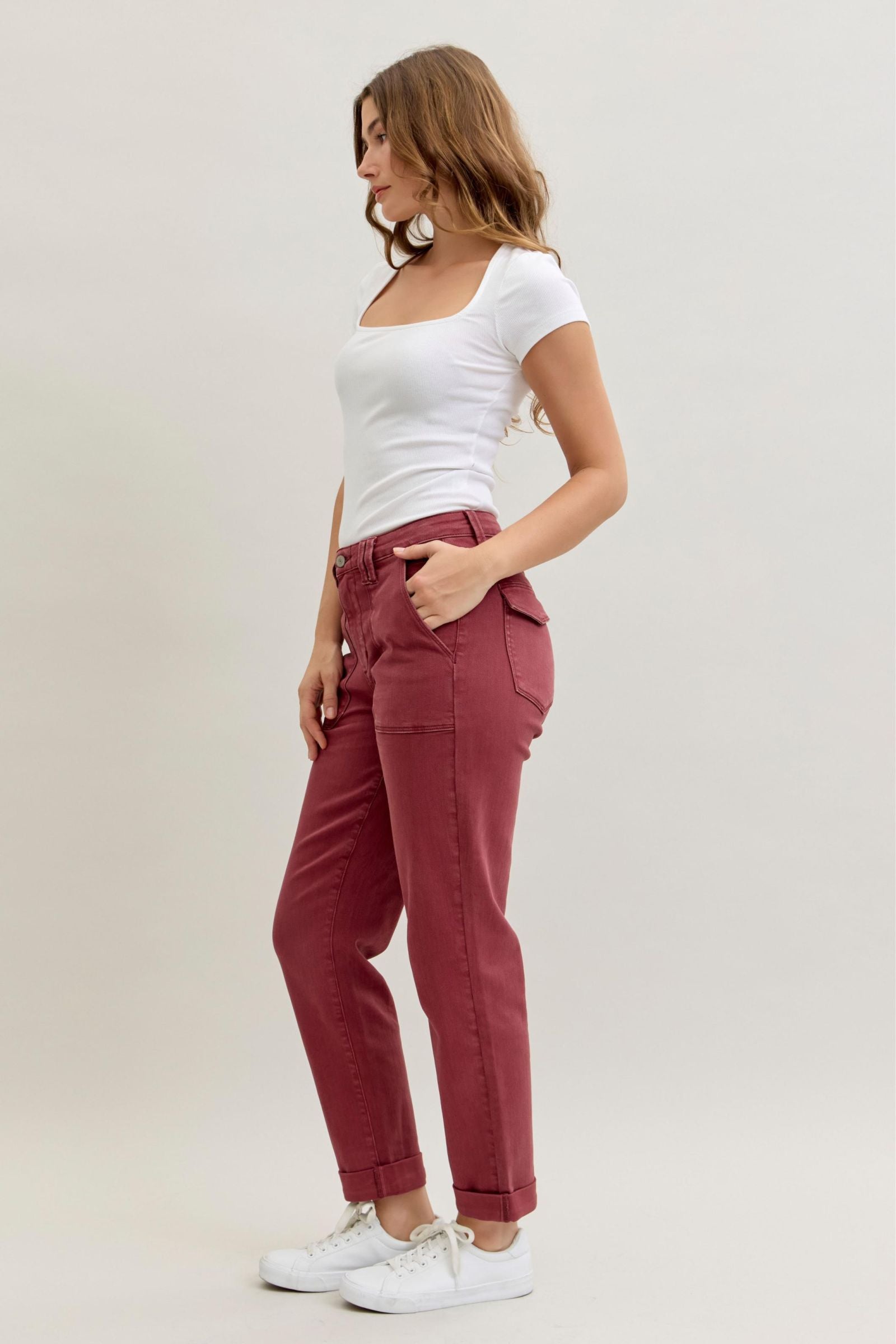 BURGUNDY AURORA WEEKENDER GARMENT DYED CUFFED HIGH WAISTED JUDY BLUE DENIM-PLUS