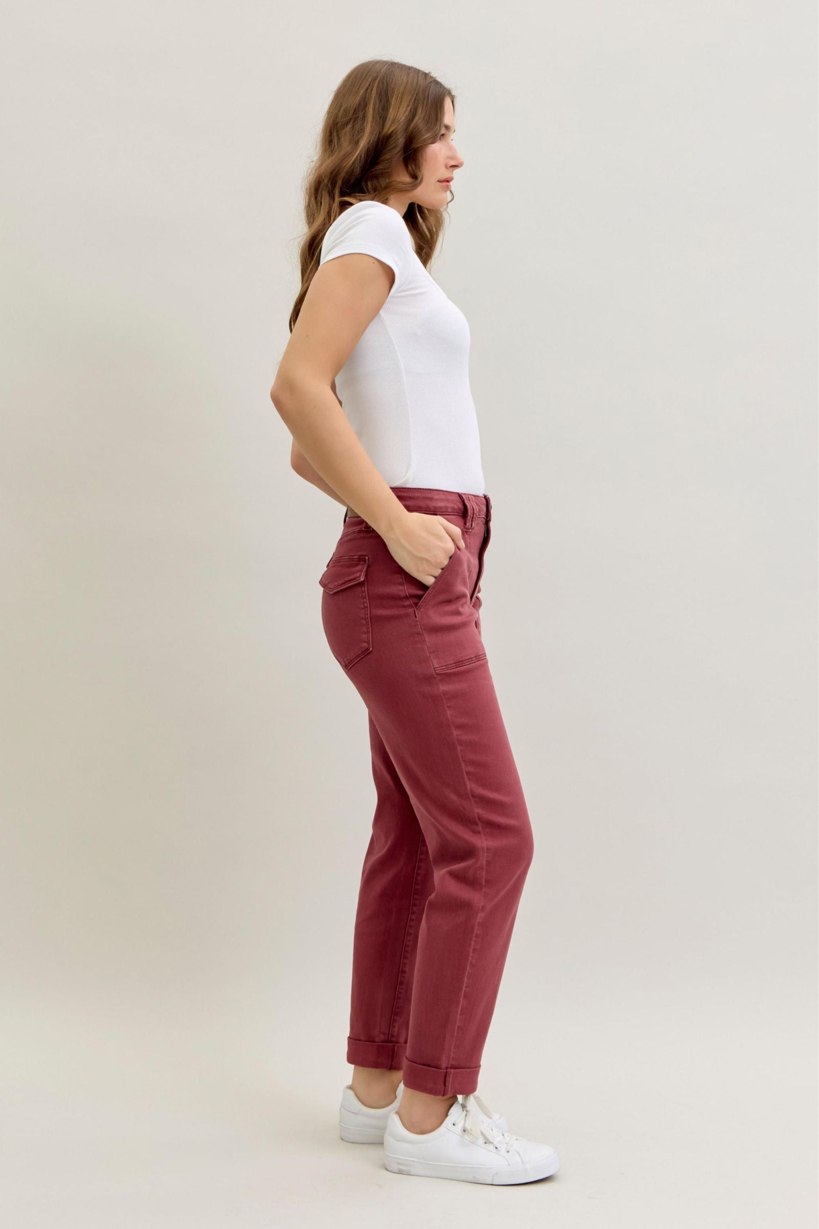 BURGUNDY AURORA WEEKENDER GARMENT DYED CUFFED HIGH WAISTED JUDY BLUE DENIM-PLUS