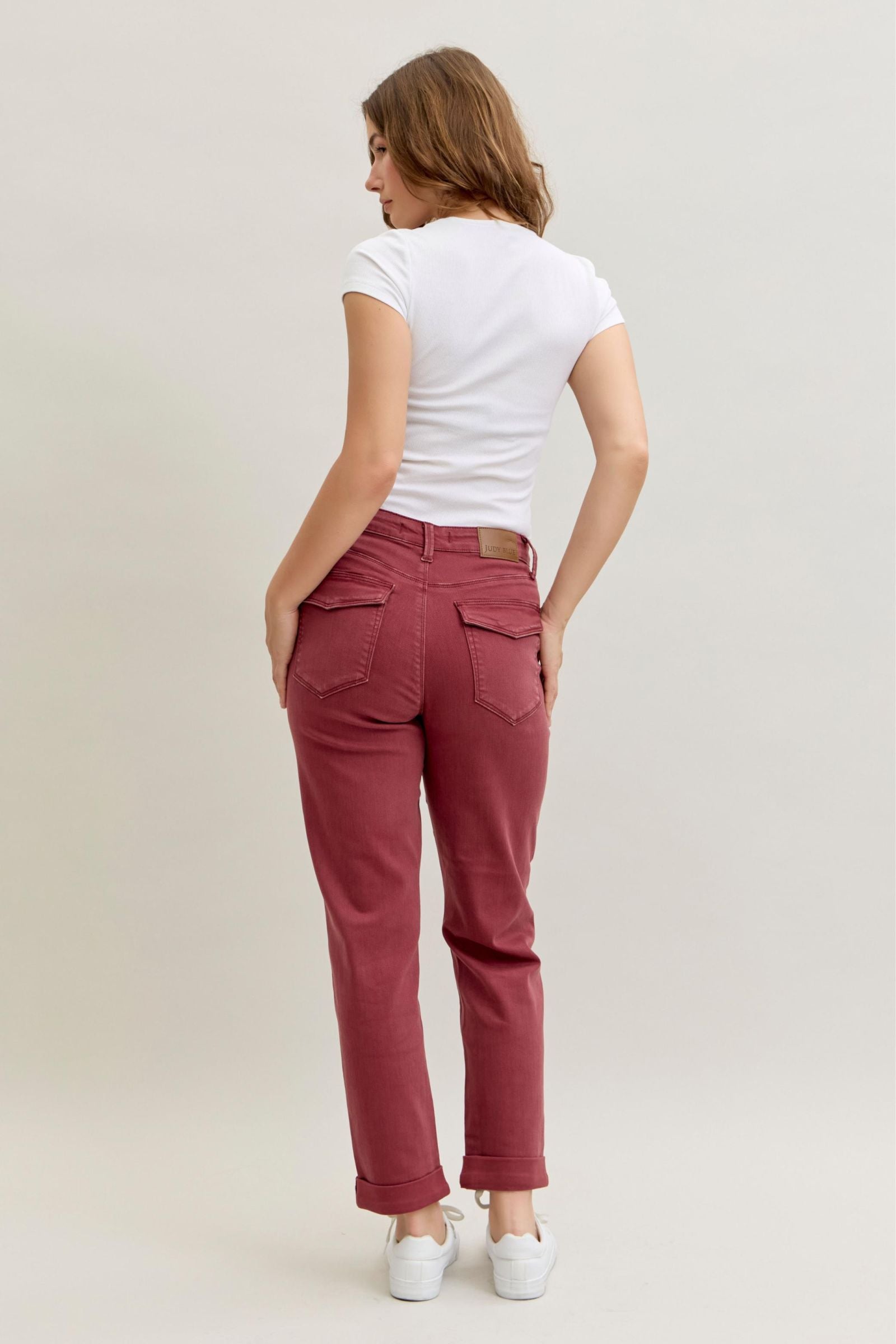 BURGUNDY AURORA WEEKENDER GARMENT DYED CUFFED HIGH WAISTED JUDY BLUE DENIM-PLUS