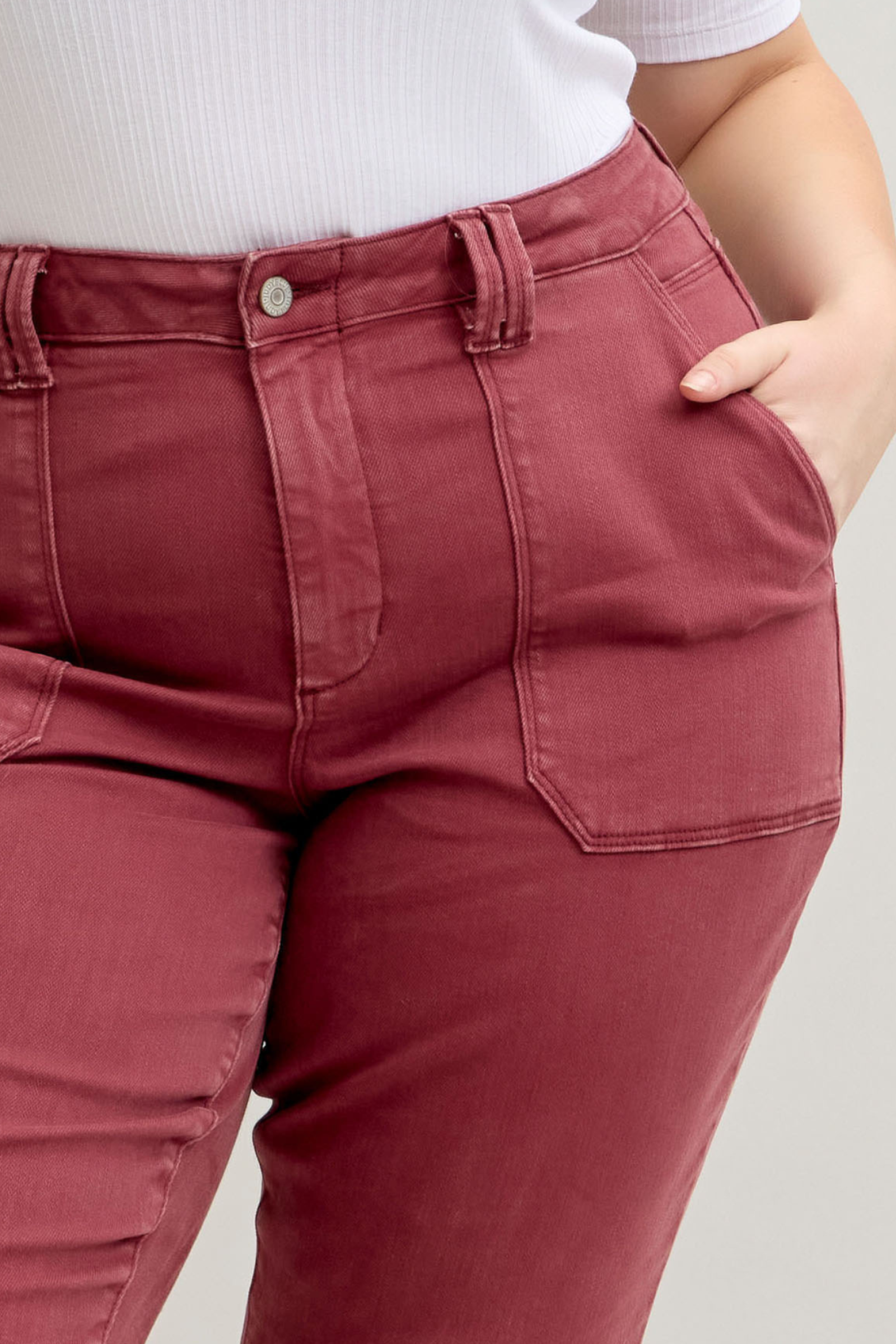 BURGUNDY AURORA WEEKENDER GARMENT DYED CUFFED HIGH WAISTED JUDY BLUE DENIM-PLUS