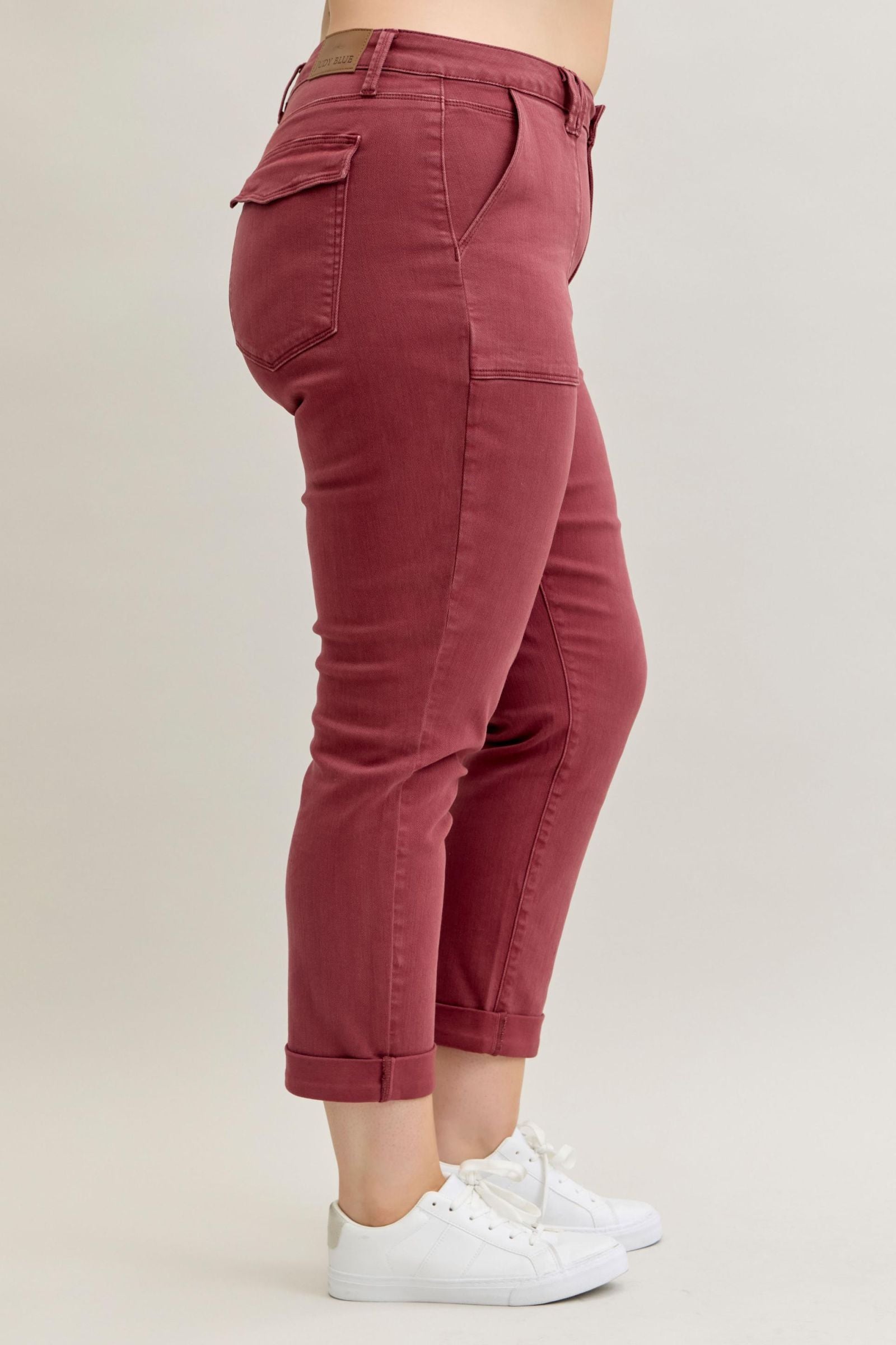 BURGUNDY AURORA WEEKENDER GARMENT DYED CUFFED HIGH WAISTED JUDY BLUE DENIM-PLUS