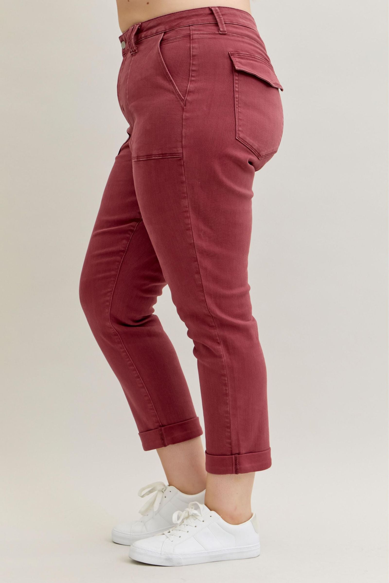 BURGUNDY AURORA WEEKENDER GARMENT DYED CUFFED HIGH WAISTED JUDY BLUE DENIM-PLUS