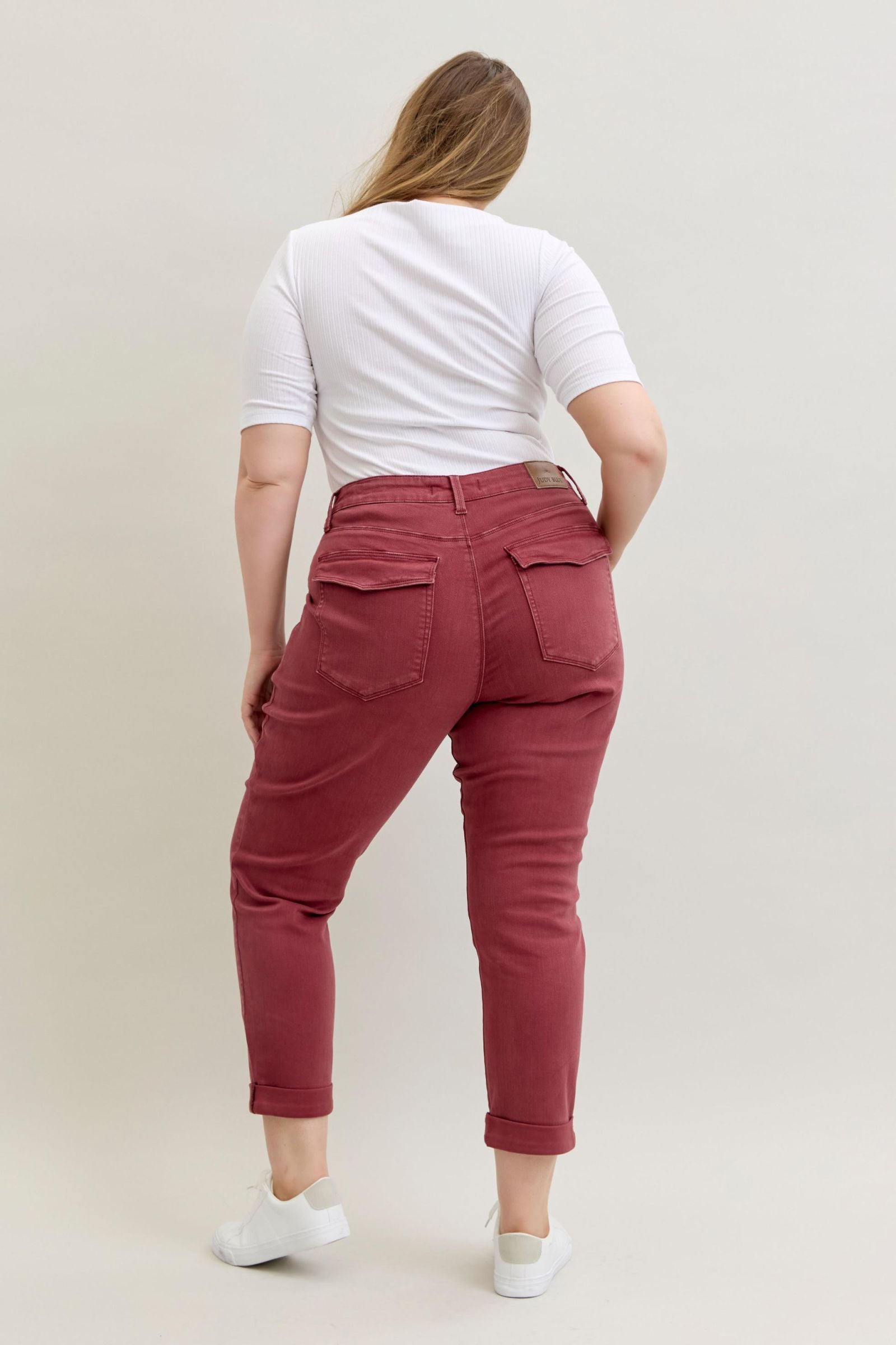 BURGUNDY AURORA WEEKENDER GARMENT DYED CUFFED HIGH WAISTED JUDY BLUE DENIM-PLUS