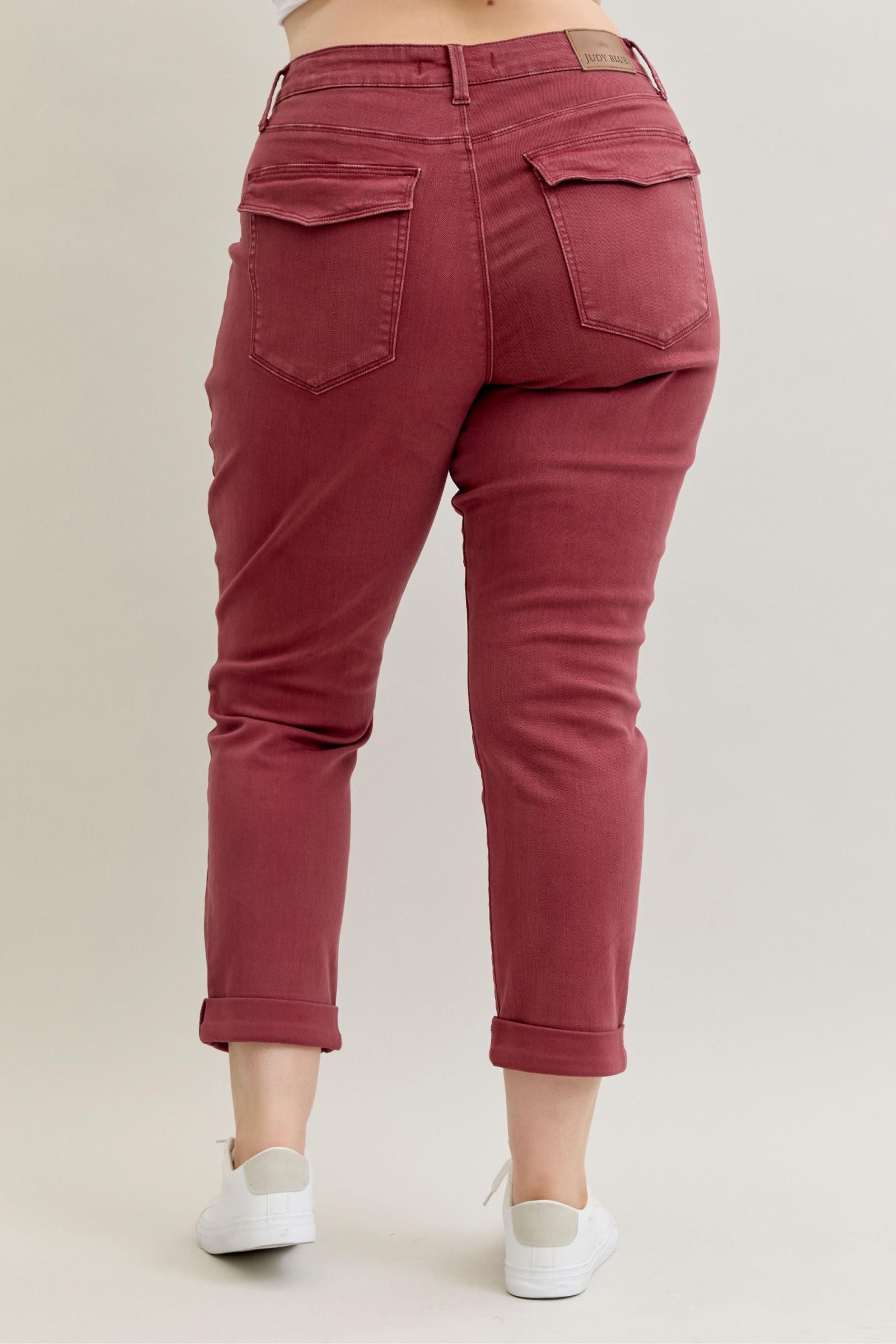 BURGUNDY AURORA WEEKENDER GARMENT DYED CUFFED HIGH WAISTED JUDY BLUE DENIM-PLUS