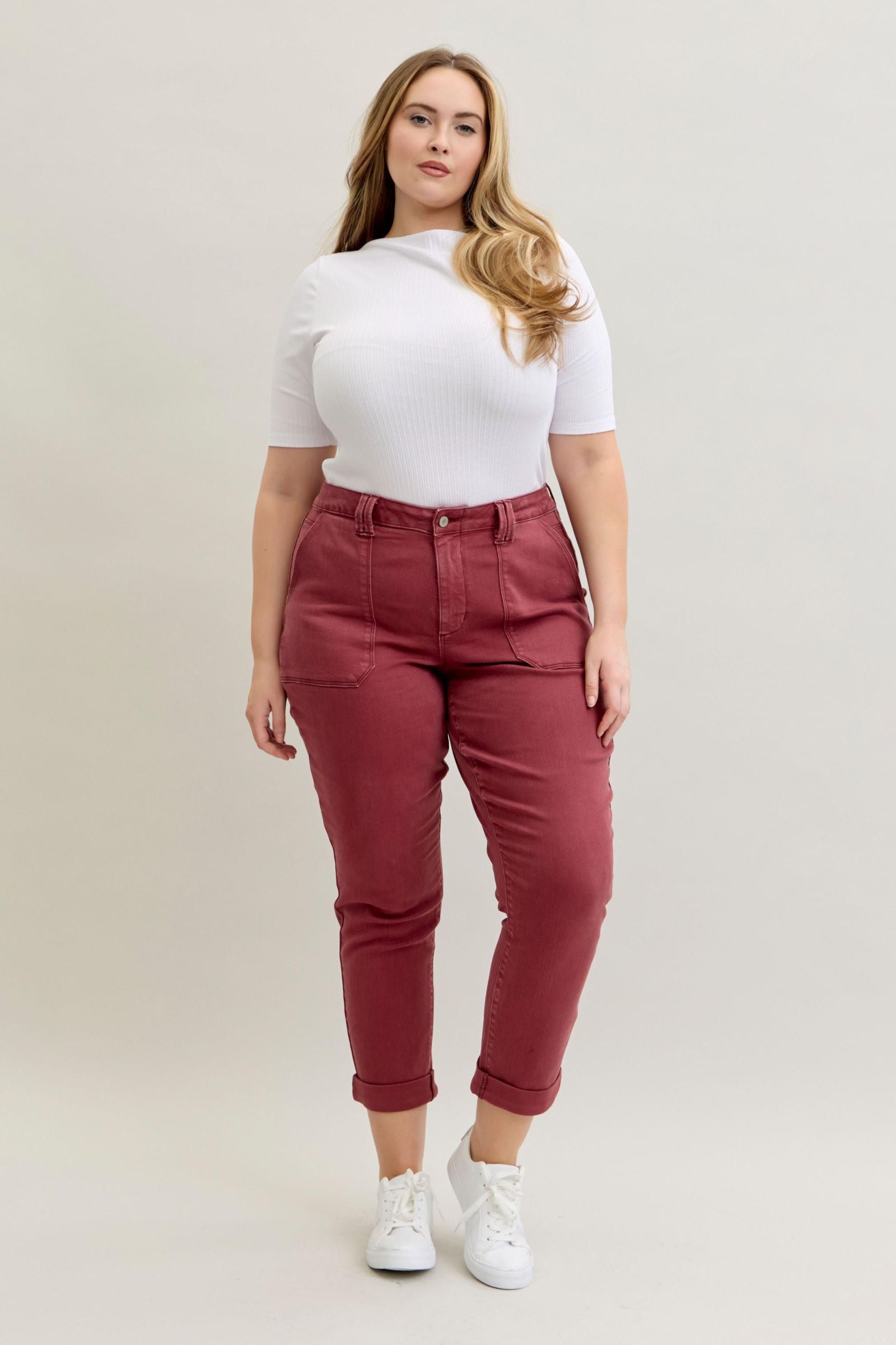 BURGUNDY AURORA WEEKENDER GARMENT DYED CUFFED HIGH WAISTED JUDY BLUE DENIM-PLUS