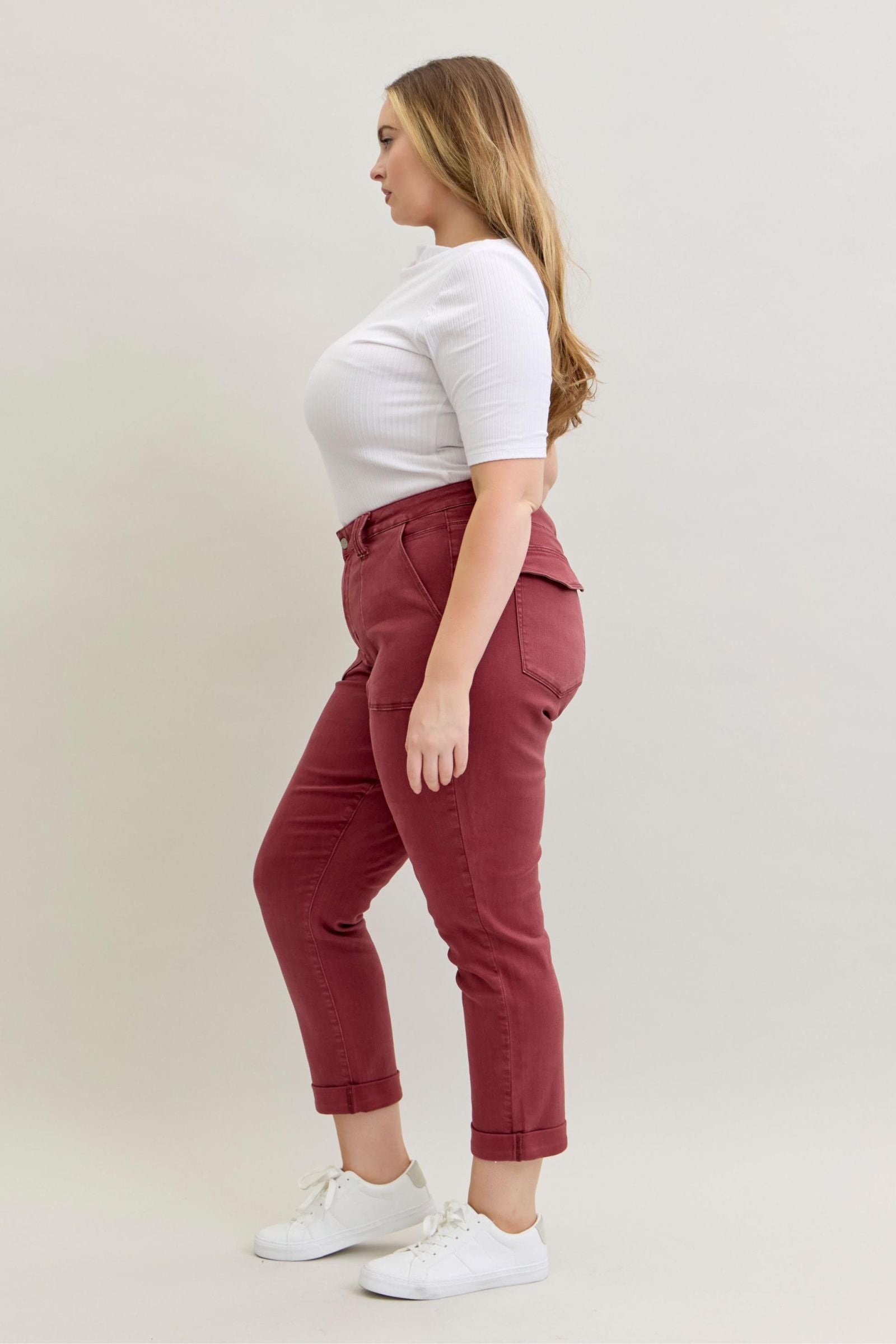 BURGUNDY AURORA WEEKENDER GARMENT DYED CUFFED HIGH WAISTED JUDY BLUE DENIM-PLUS