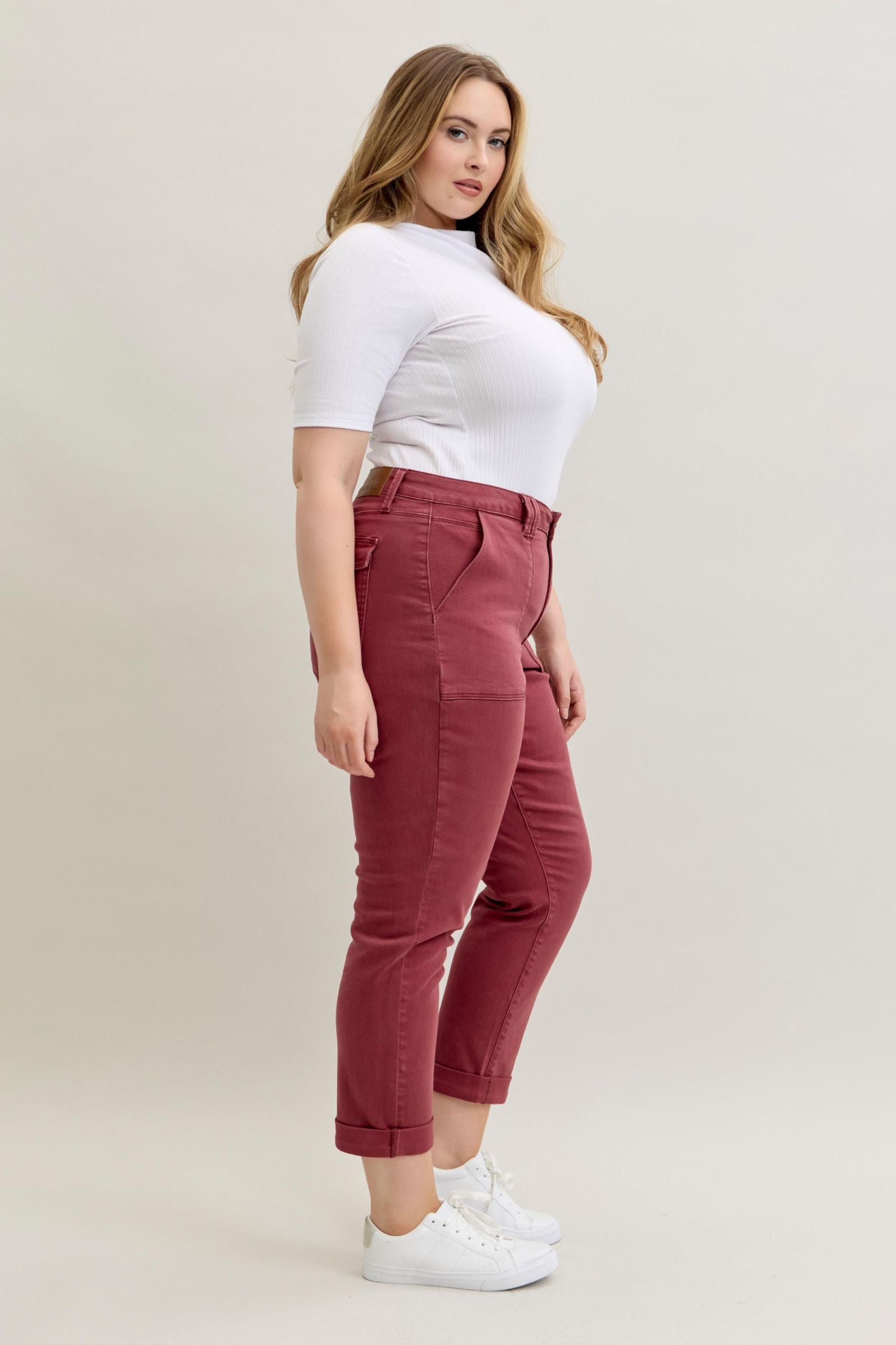 BURGUNDY AURORA WEEKENDER GARMENT DYED CUFFED HIGH WAISTED JUDY BLUE DENIM-PLUS