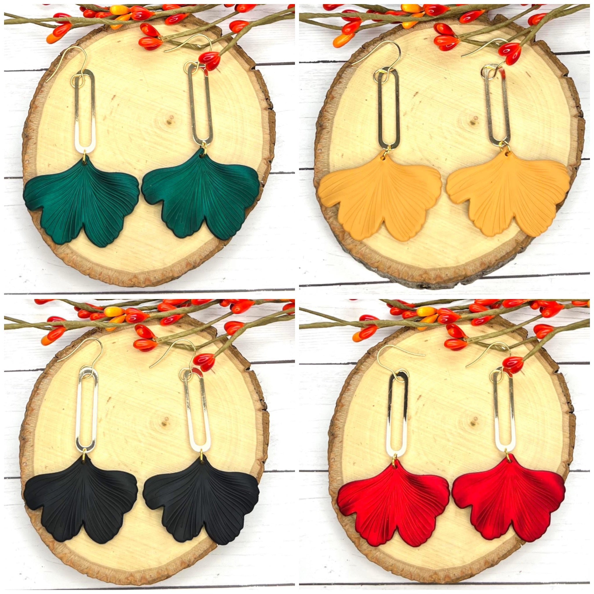 GINKGO LEAVES WITH GOLD ELONGATED OVAL HARDWARE HANDMADE EARRINGS BY B.O.D