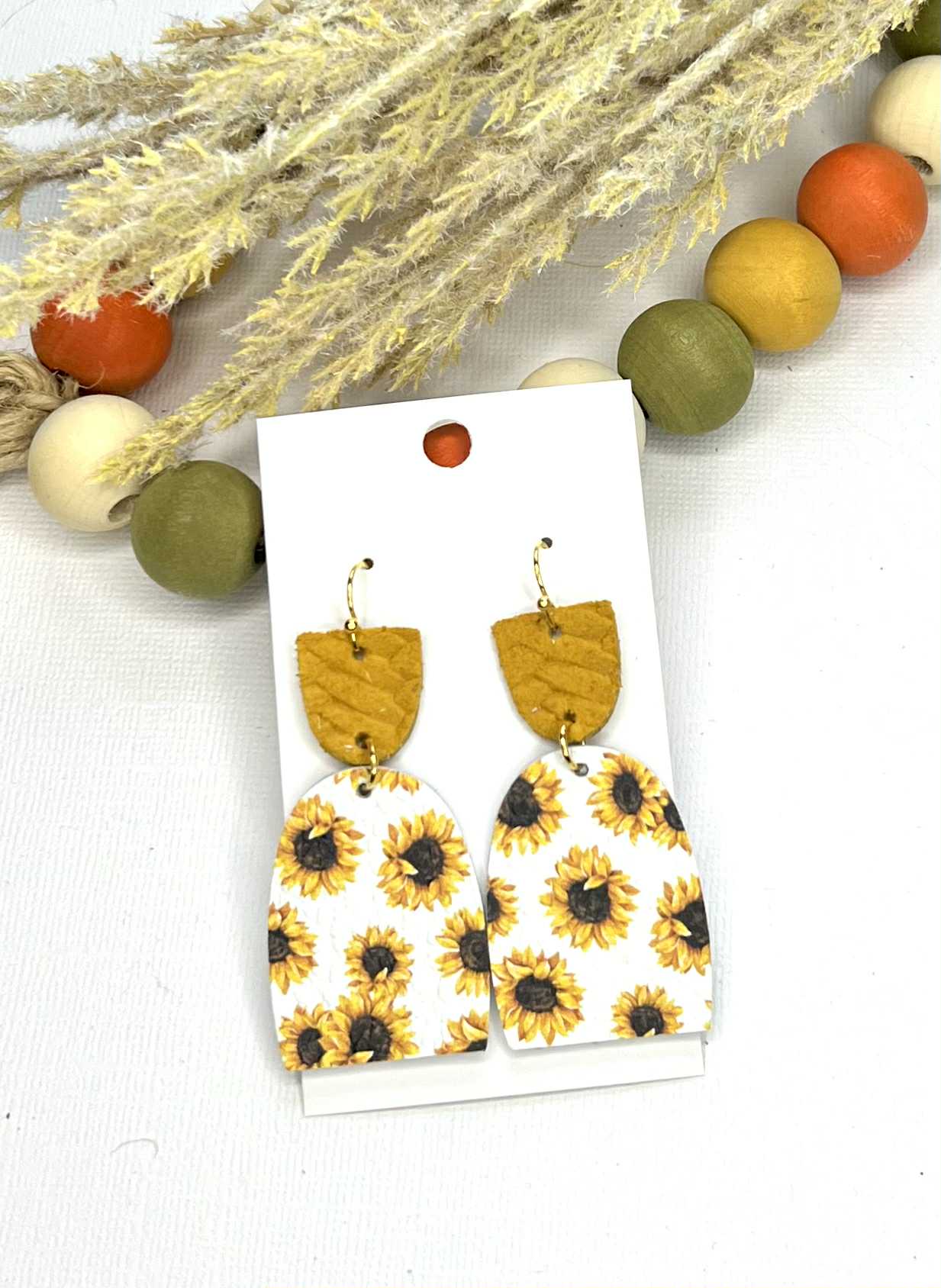 YELLOW SUNFLOWER LEATHER TEXTURED-BASKET-WEAVE 2-TIER DANGLY GEO SHAPED HANDMADE EARRINGS BY B.O.D