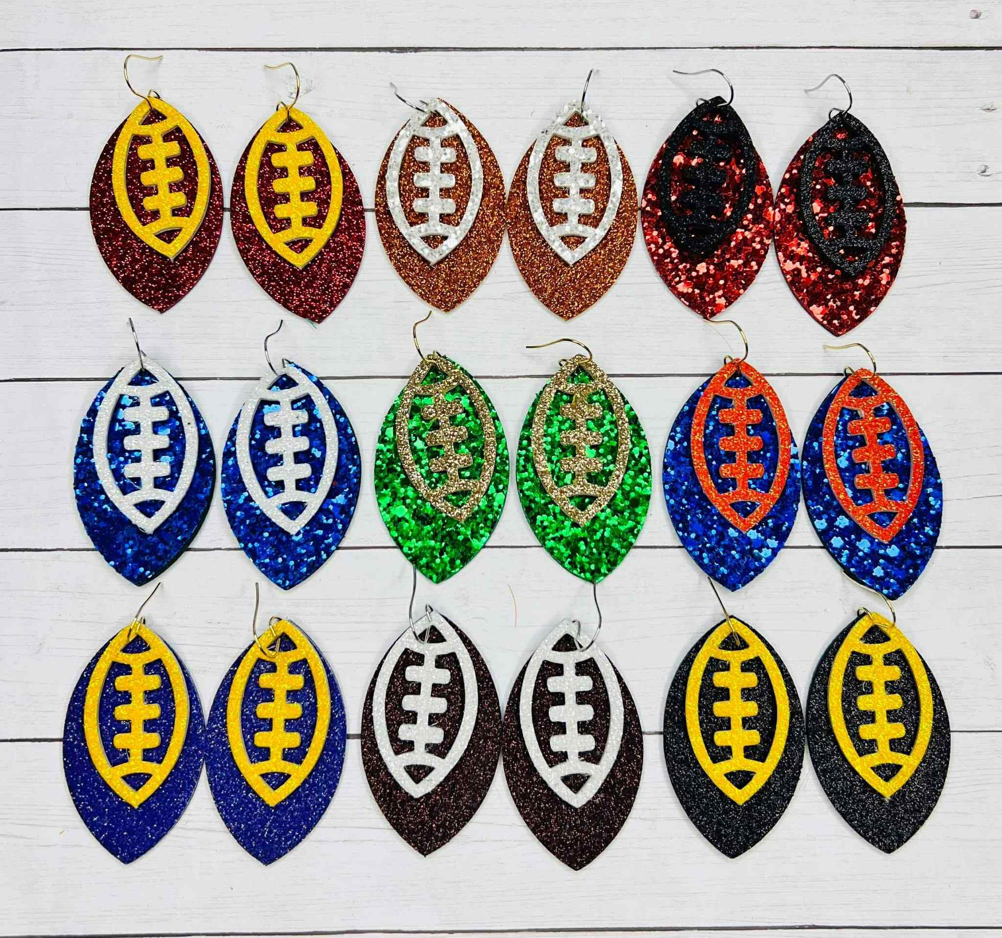 DOUBLE LAYERED TWO TONE FOOTBALL GLITTER LEATHER HANDMADE EARRINGS BY B.O.D