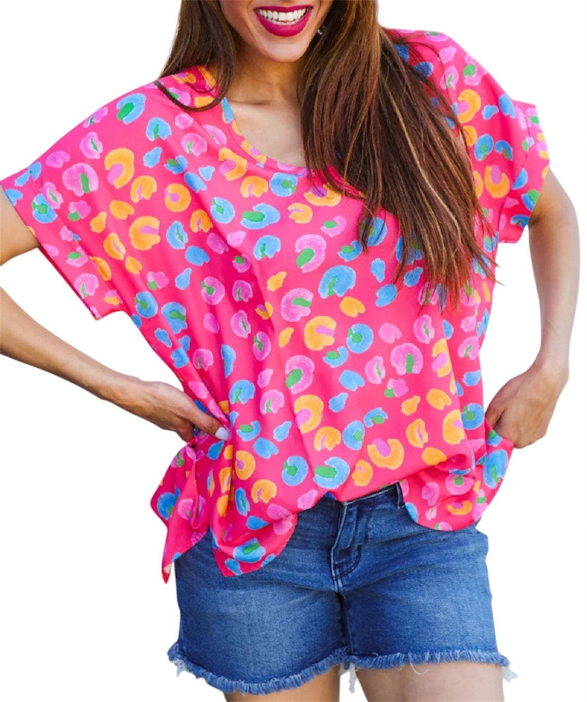 FUCHSIA AQUA ORANGE MULTI ANIMAL LEOPARD PRINT DOLMAN TOP- PLUS- SALE