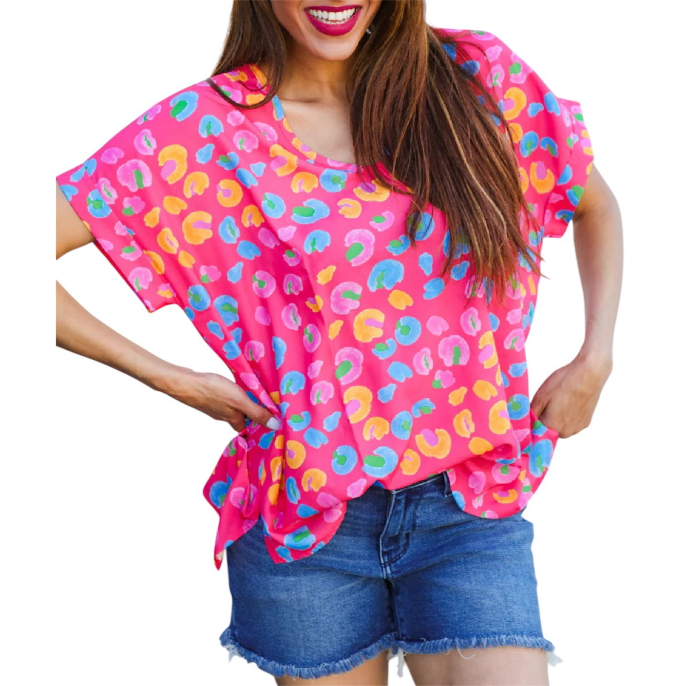 FUCHSIA AQUA ORANGE MULTI ANIMAL LEOPARD PRINT DOLMAN TOP- PLUS- SALE