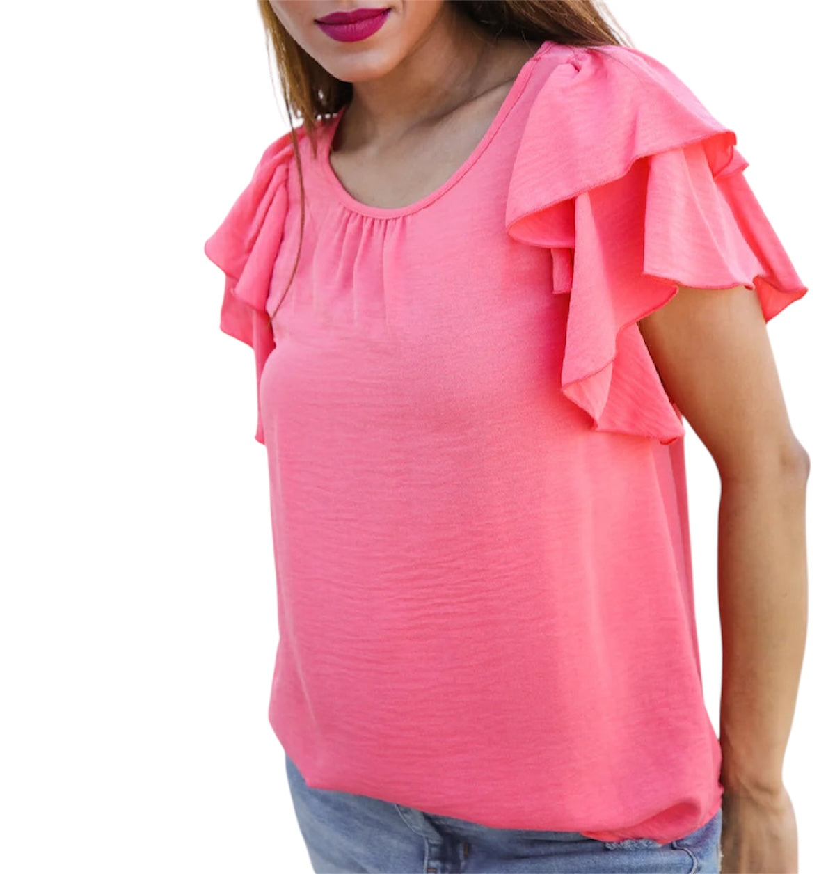 CORAL RUFFLE SLEEVE TOP- SALE
