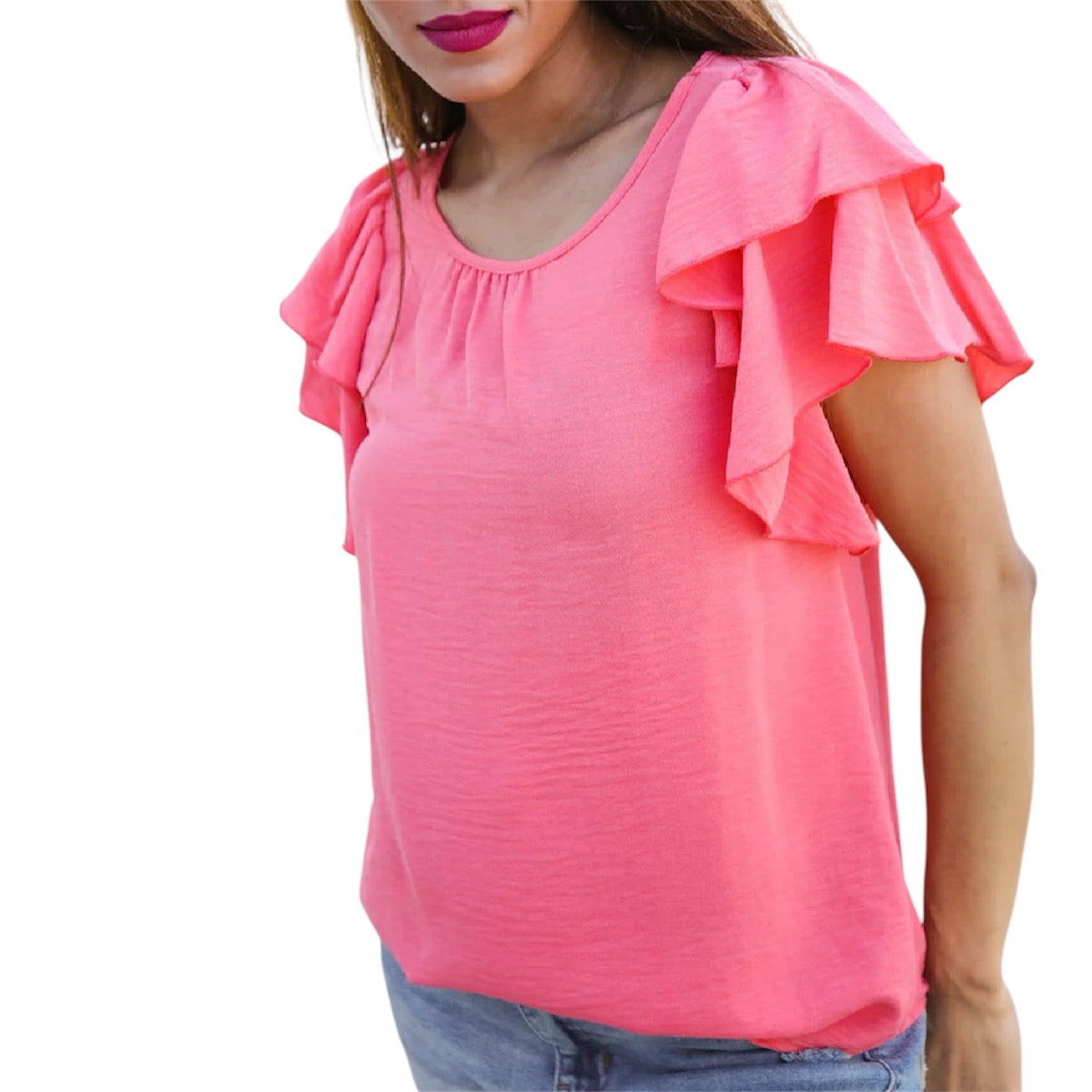 CORAL RUFFLE SLEEVE TOP- SALE