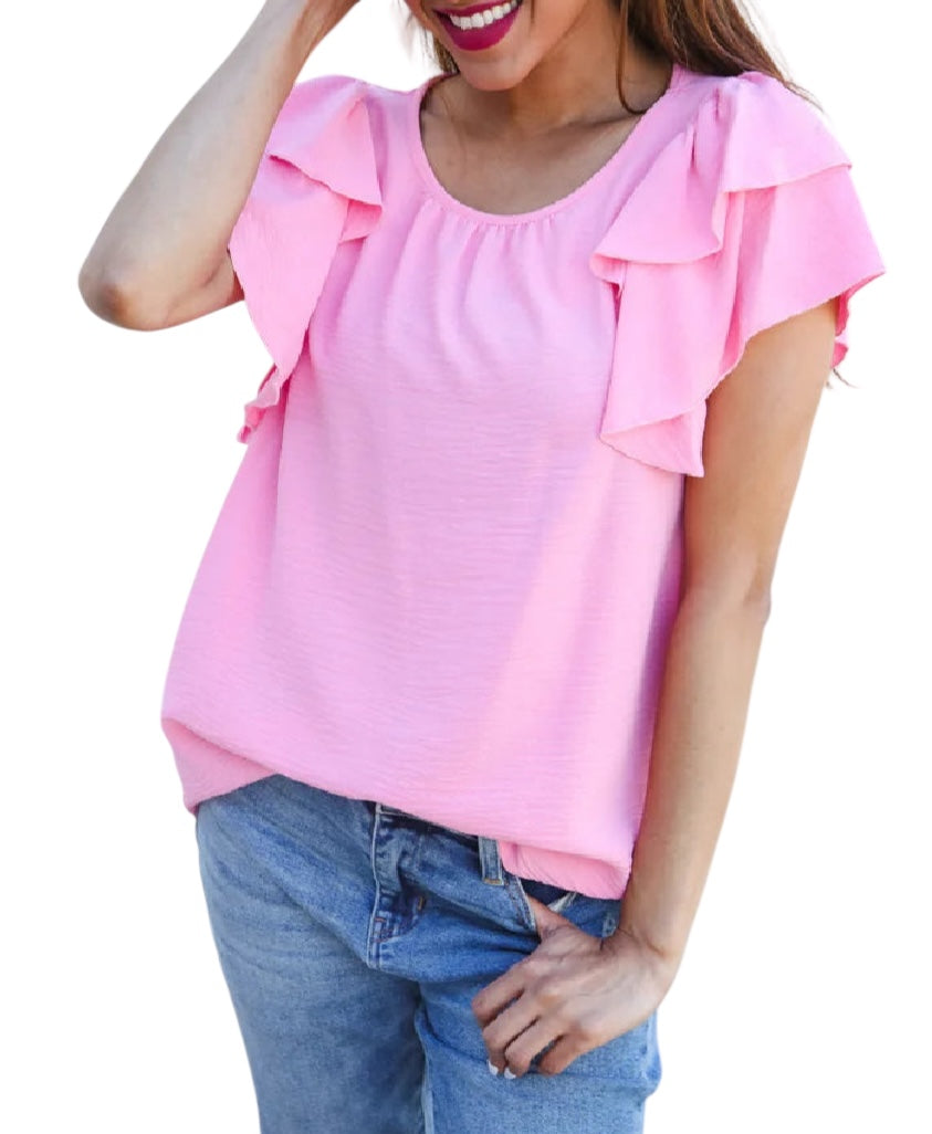 LIGHT PINK CRINKLED WOVEN FLUTTER SLEEVE TOP- SALE